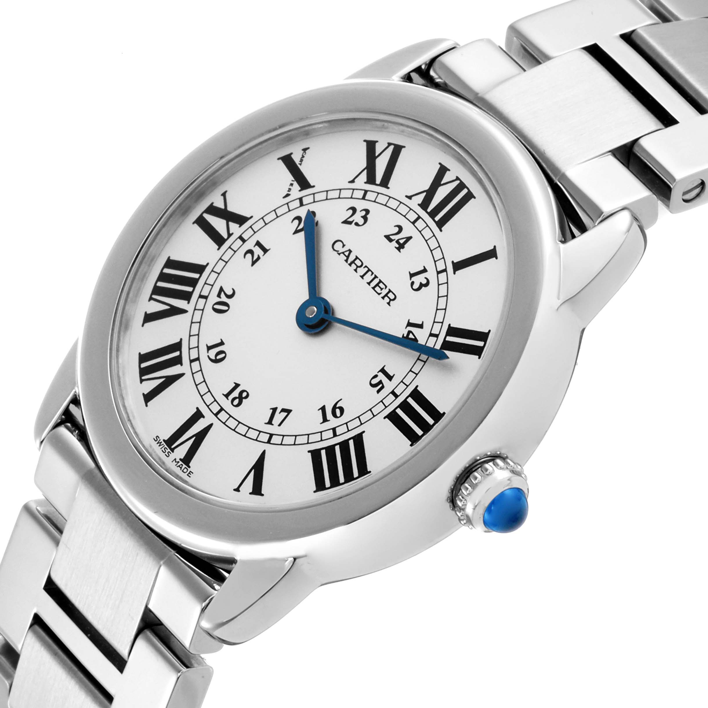 The Cartier Ronde W6701004 Women's Stainless Steel Silver Dial W6701004 Women's Stainless Steel Silver Dial watch is shown from a front angle, highlighting the face, Roman numerals, and metallic bracelet.