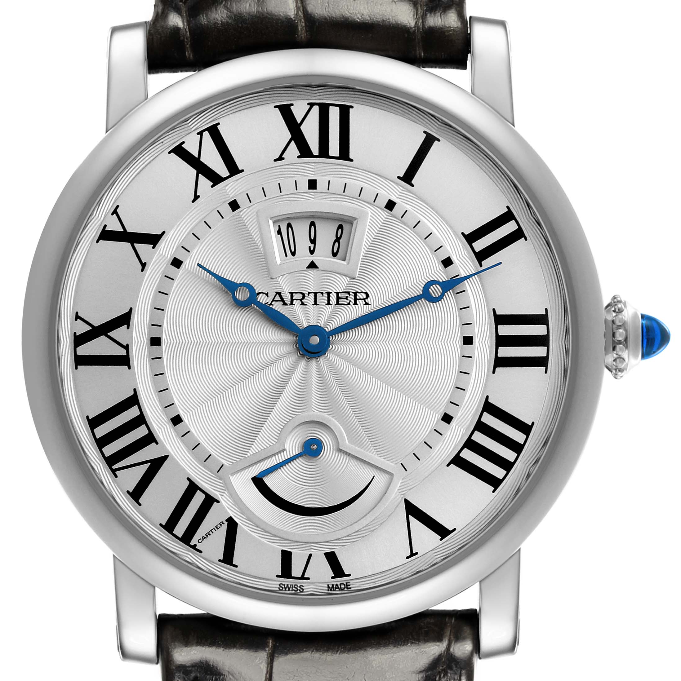 The Cartier Ronde W1556369 Men's Stainless Steel Silver Dial W1556369 Men's Stainless Steel Silver Dial watch is shown from the front, displaying the dial, hands, Roman numerals, and crown with a blue cabochon.