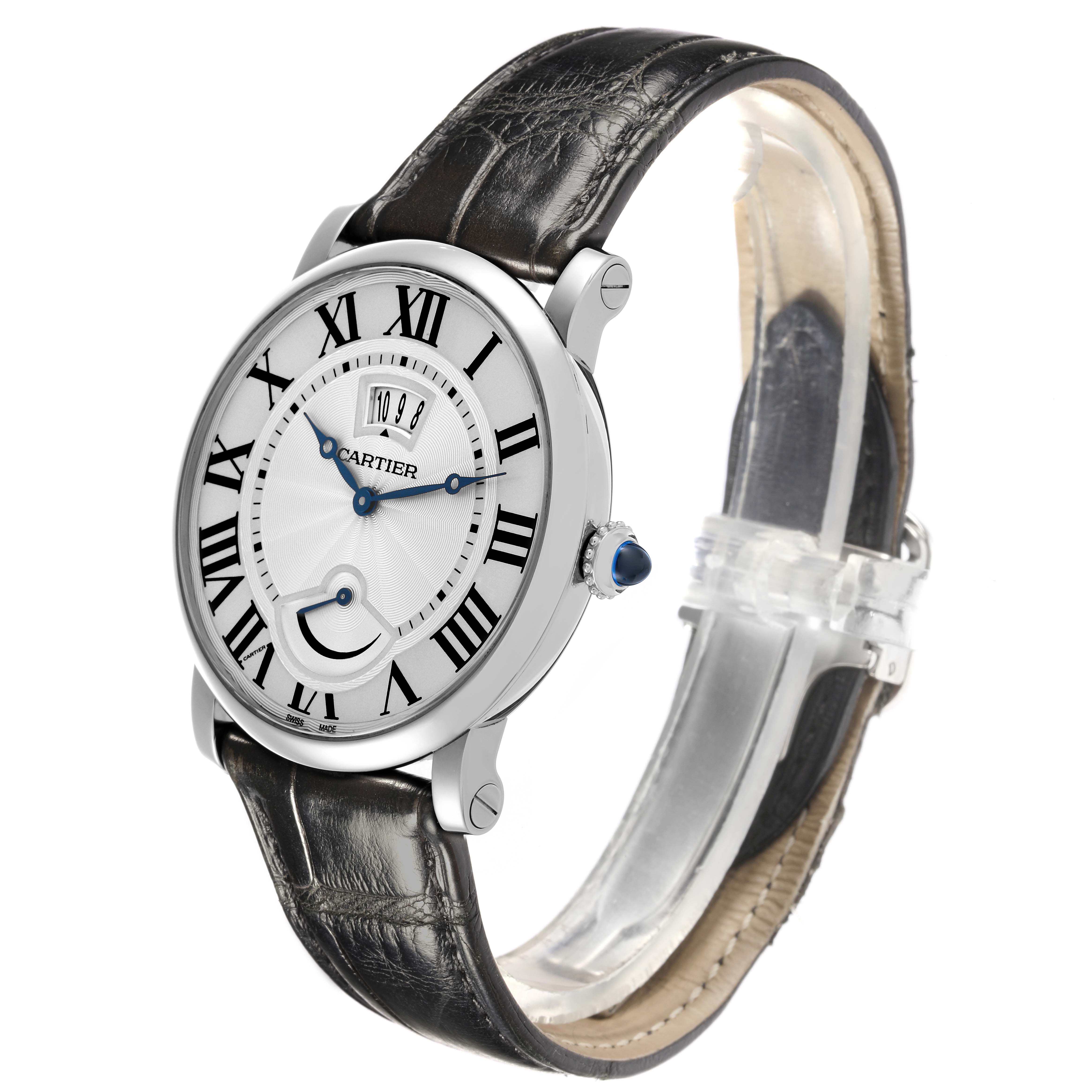 The Cartier Ronde W1556369 Men's Stainless Steel Silver Dial W1556369 Men's Stainless Steel Silver Dial watch is shown at a slight angle, highlighting the face, Roman numerals, crown, and leather strap.