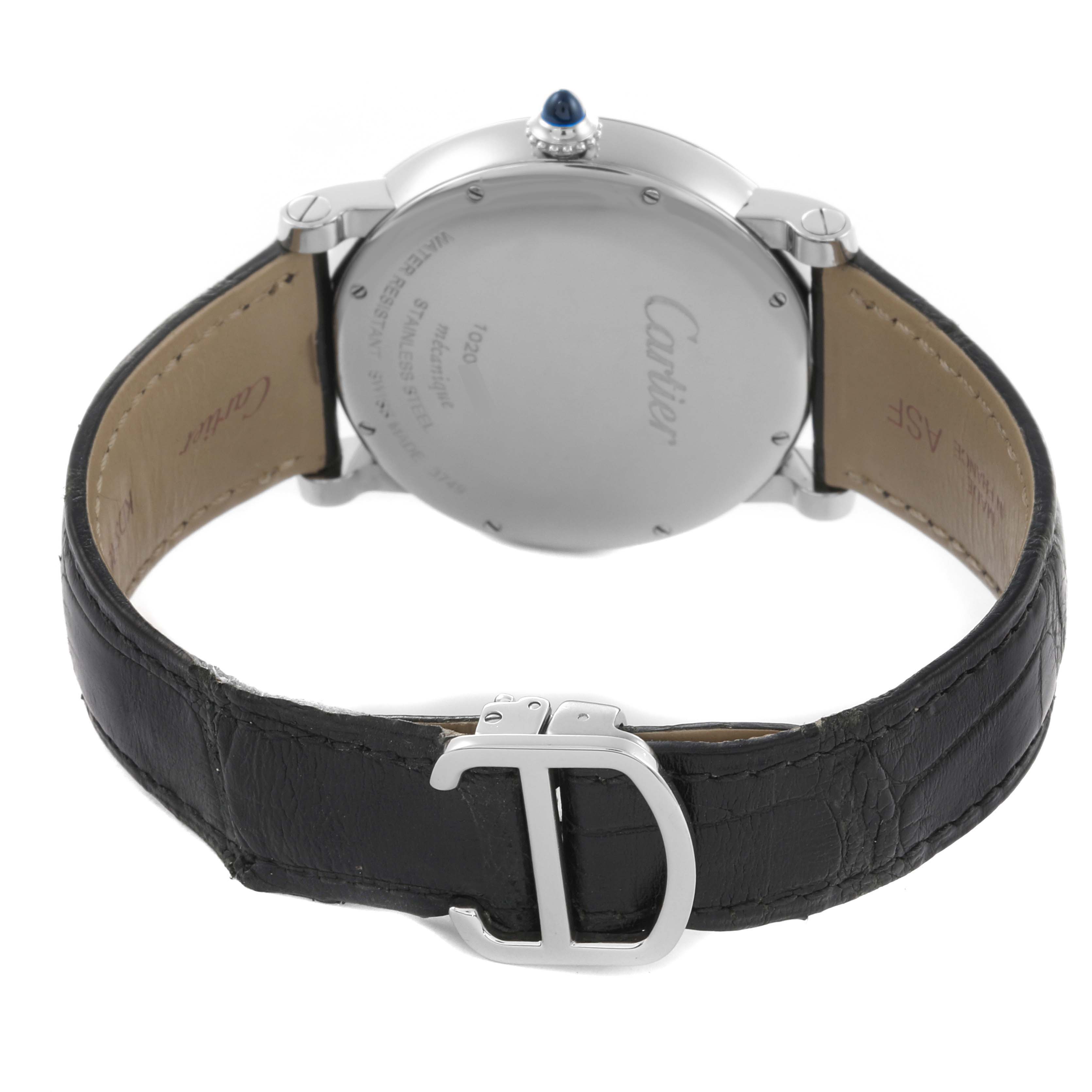 The Cartier Ronde W1556369 Men's Stainless Steel Silver Dial W1556369 Men's Stainless Steel Silver Dial watch is shown from the back, highlighting the case back, strap, and buckle.