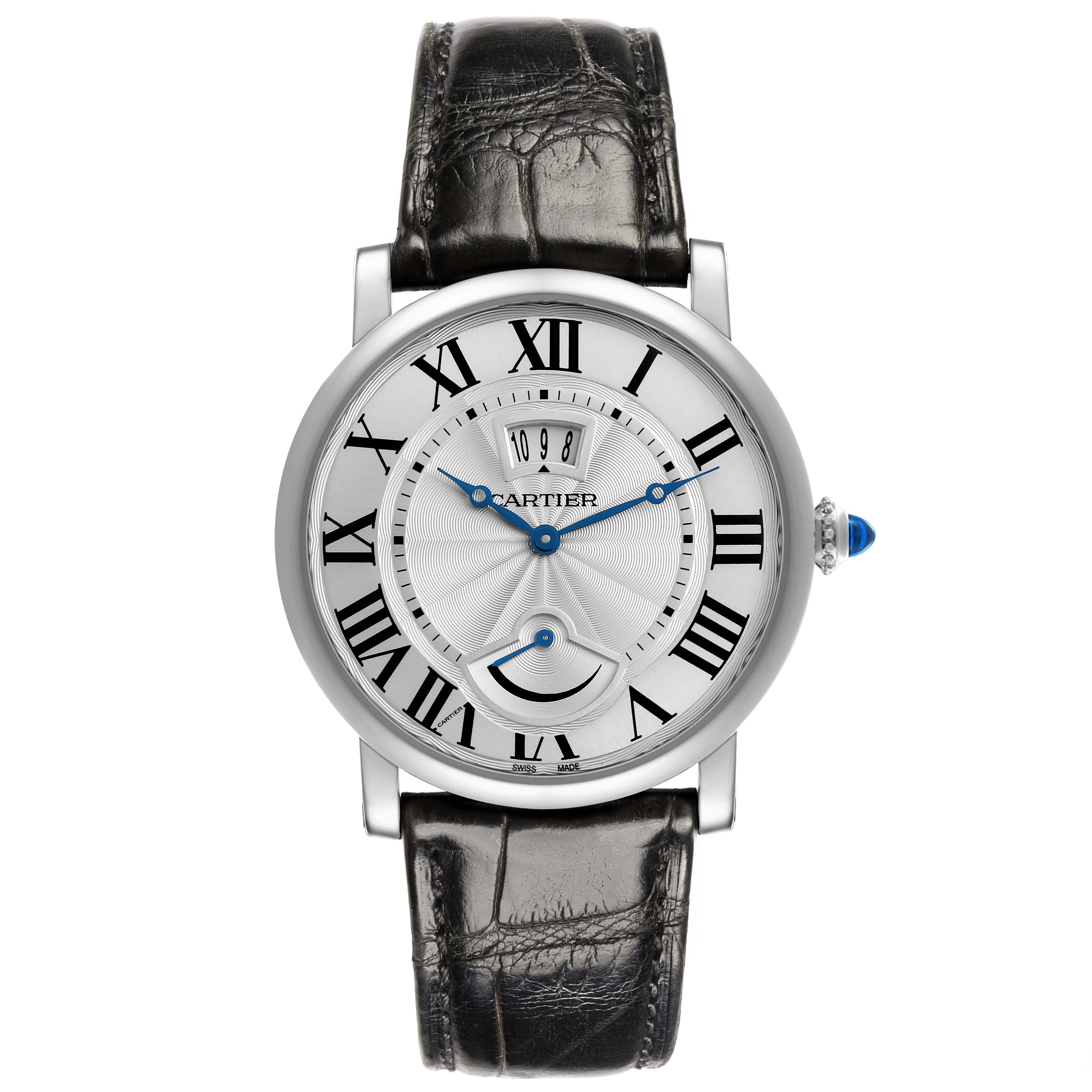 The Cartier Ronde W1556369 Men's Stainless Steel Silver Dial W1556369 Men's Stainless Steel Silver Dial model is shown from the front, displaying the dial, Roman numerals, and leather strap.