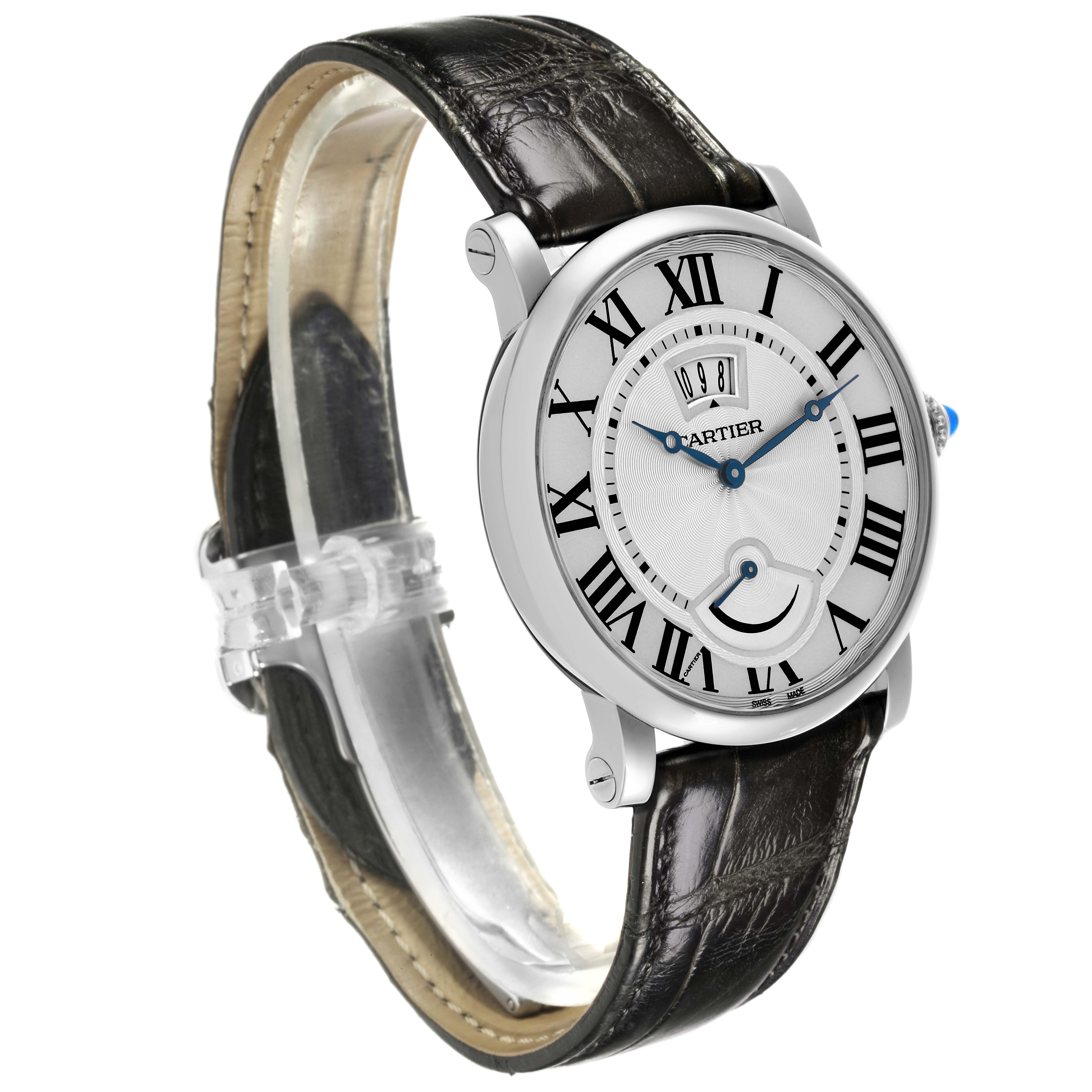 The Cartier Ronde W1556369 Men's Stainless Steel Silver Dial W1556369 Men's Stainless Steel Silver Dial watch is shown at an angled view, displaying its face, case, and leather strap.