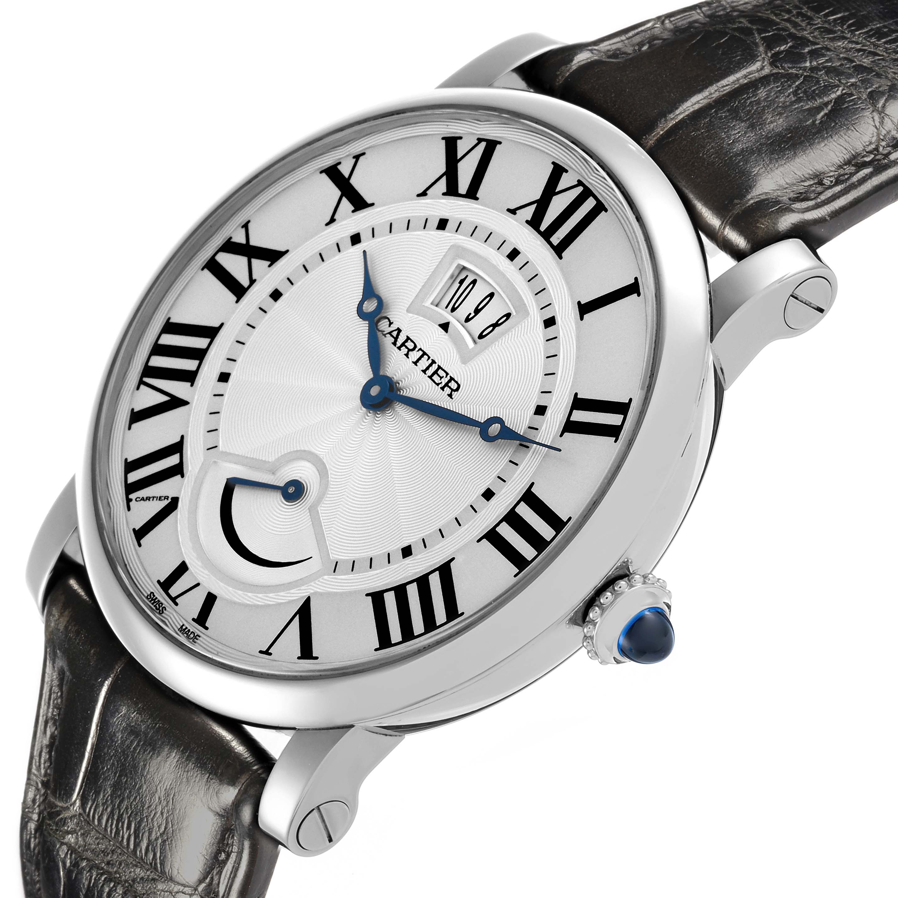 The Cartier Ronde W1556369 Men's Stainless Steel Silver Dial W1556369 Men's Stainless Steel Silver Dial watch is shown at an angled side view, highlighting the dial, Roman numerals, hands, and leather strap.