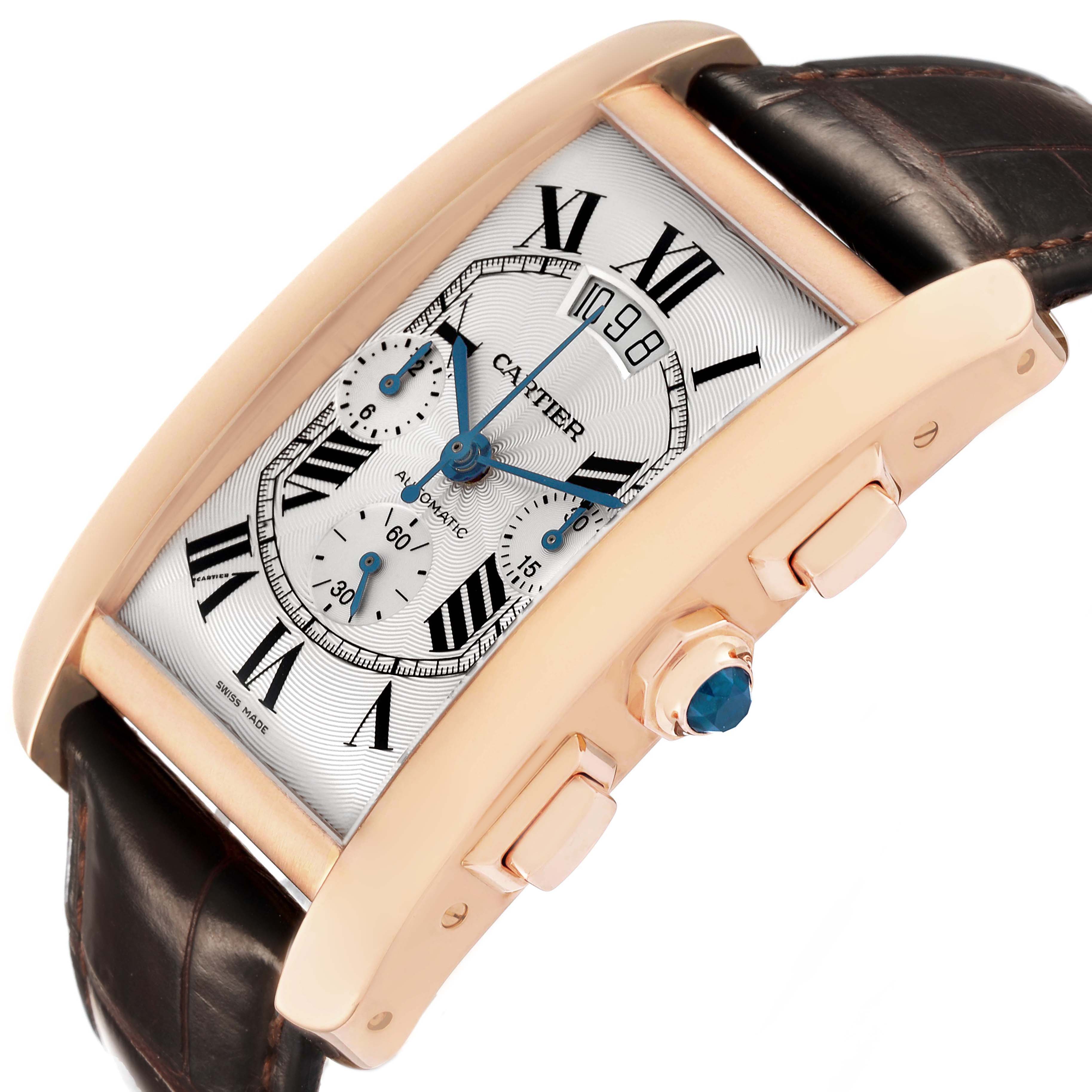The Cartier Tank Americaine W2609356 Men's Rose Gold Silver Dial watch is shown at an angled side view, highlighting its brown leather strap and rose gold casing.