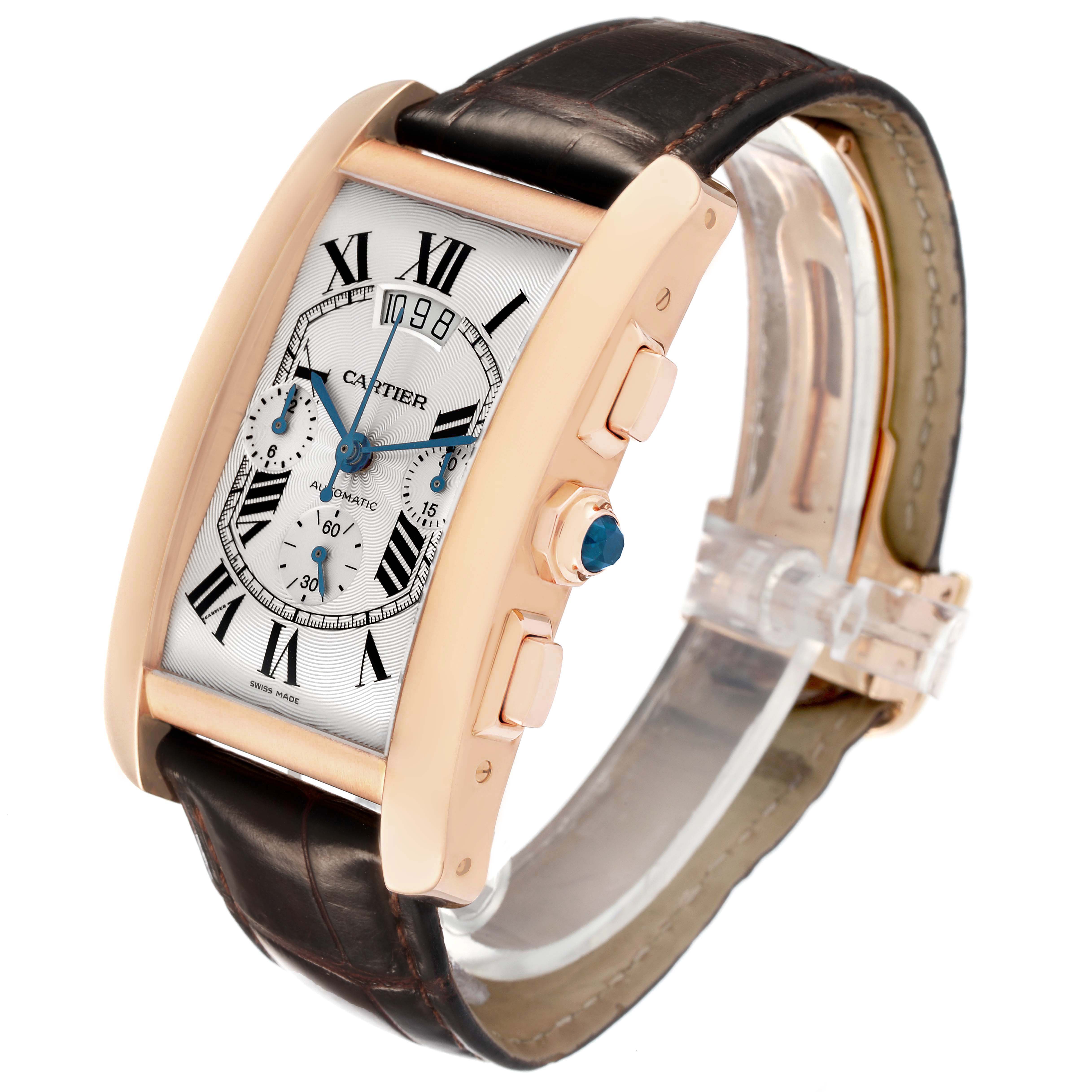 The Cartier Tank Americaine W2609356 Men's Rose Gold Silver Dial watch is shown from a three-quarter angle, highlighting its rectangular case, dial, and crown.