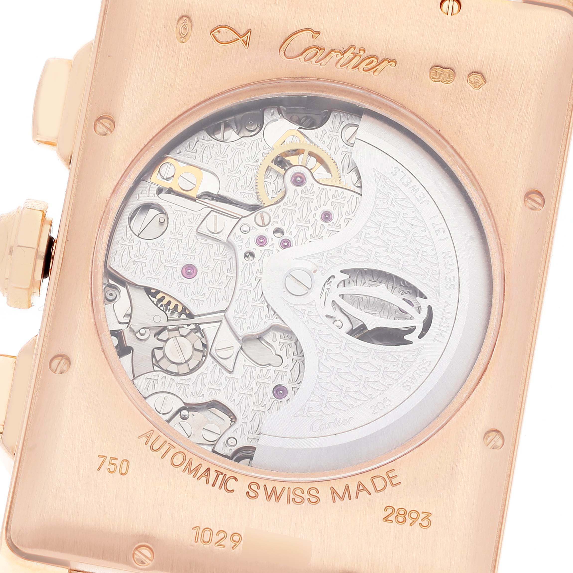 The image shows a close-up of the backside of a Cartier Tank Americaine W2609356 Men's Rose Gold Silver Dial W2609356 Men's Rose Gold Silver Dial watch, revealing its automatic movement mechanism.