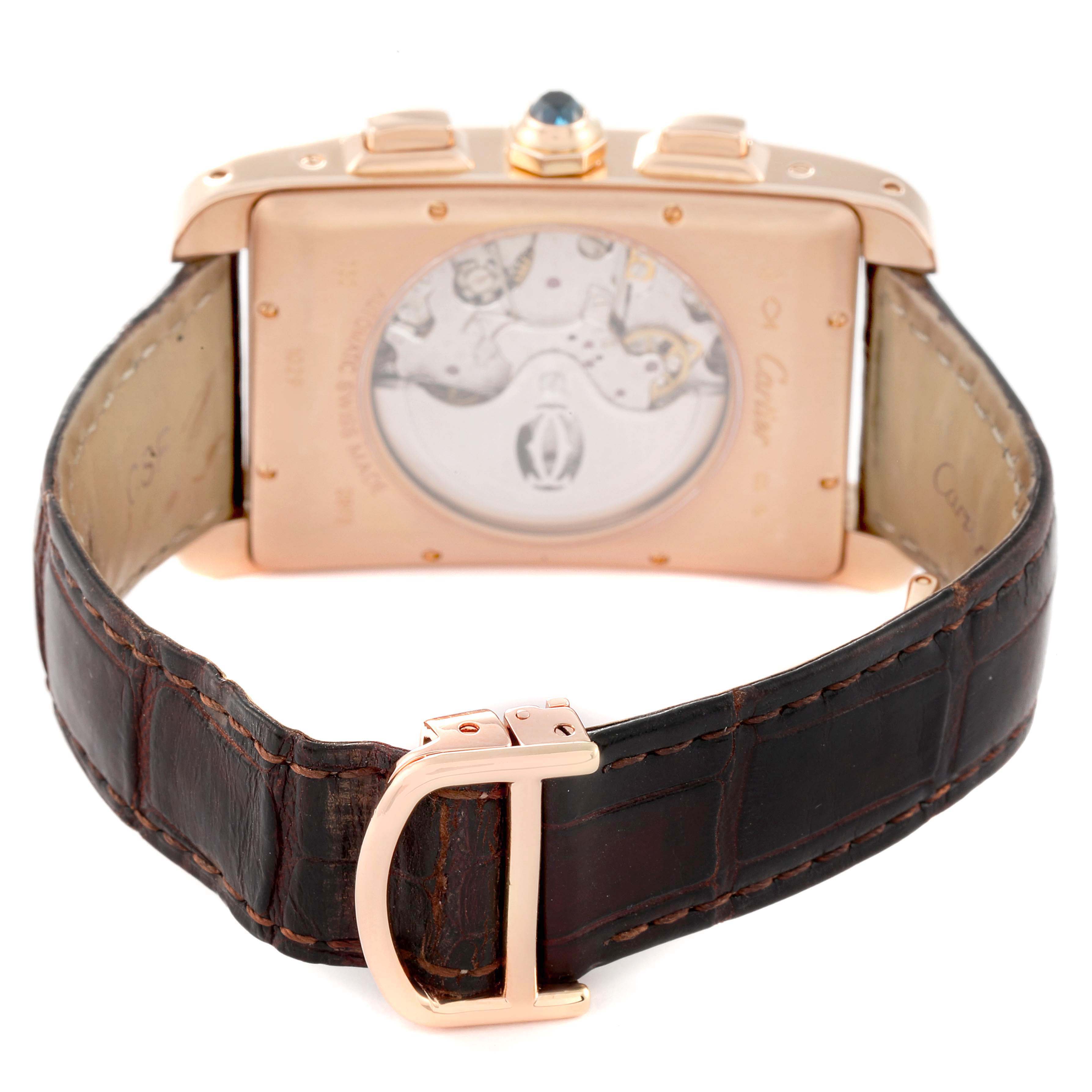 The image shows the back view of a Cartier Tank Americaine W2609356 Men's Rose Gold Silver Dial W2609356 Men's Rose Gold Silver Dial watch, focusing on the case back and leather strap.