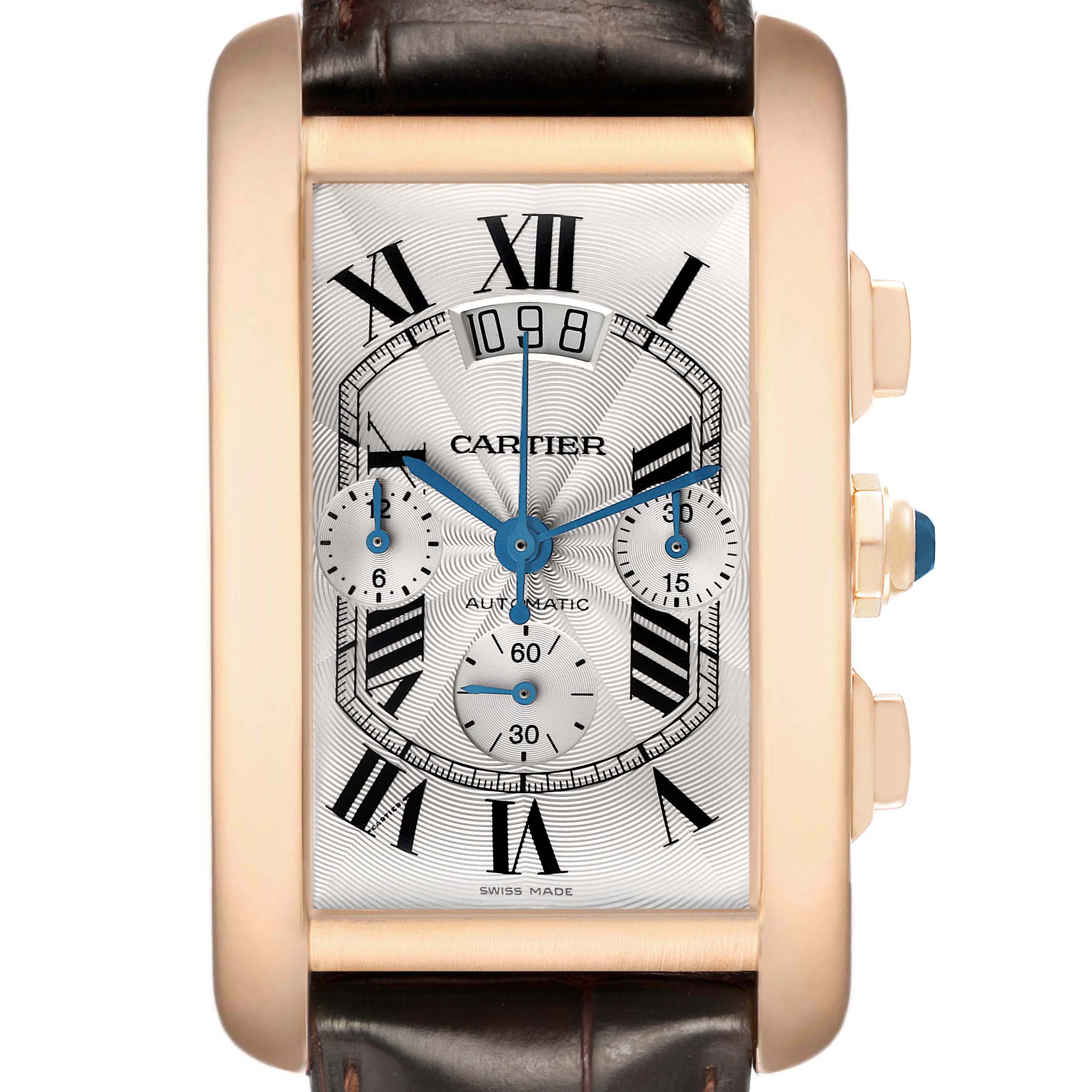 The Cartier Tank Americaine W2609356 Men's Rose Gold Silver Dial watch is shown from a front angle, highlighting its rectangular face, Roman numerals, and side buttons.