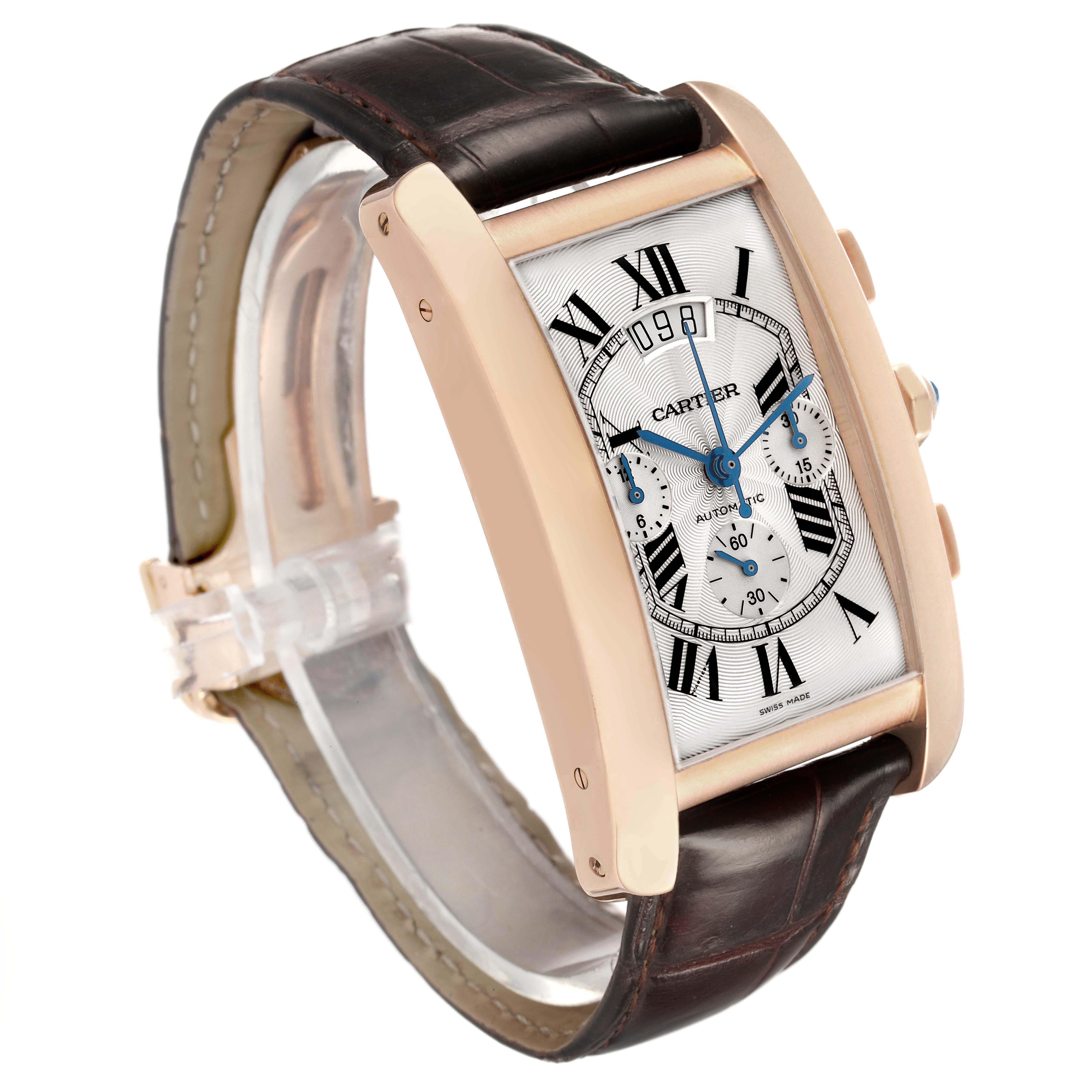 The Cartier Tank Americaine W2609356 Men's Rose Gold Silver Dial watch is shown at an angled view displaying the rectangular case, Roman numeral dial, and leather strap.