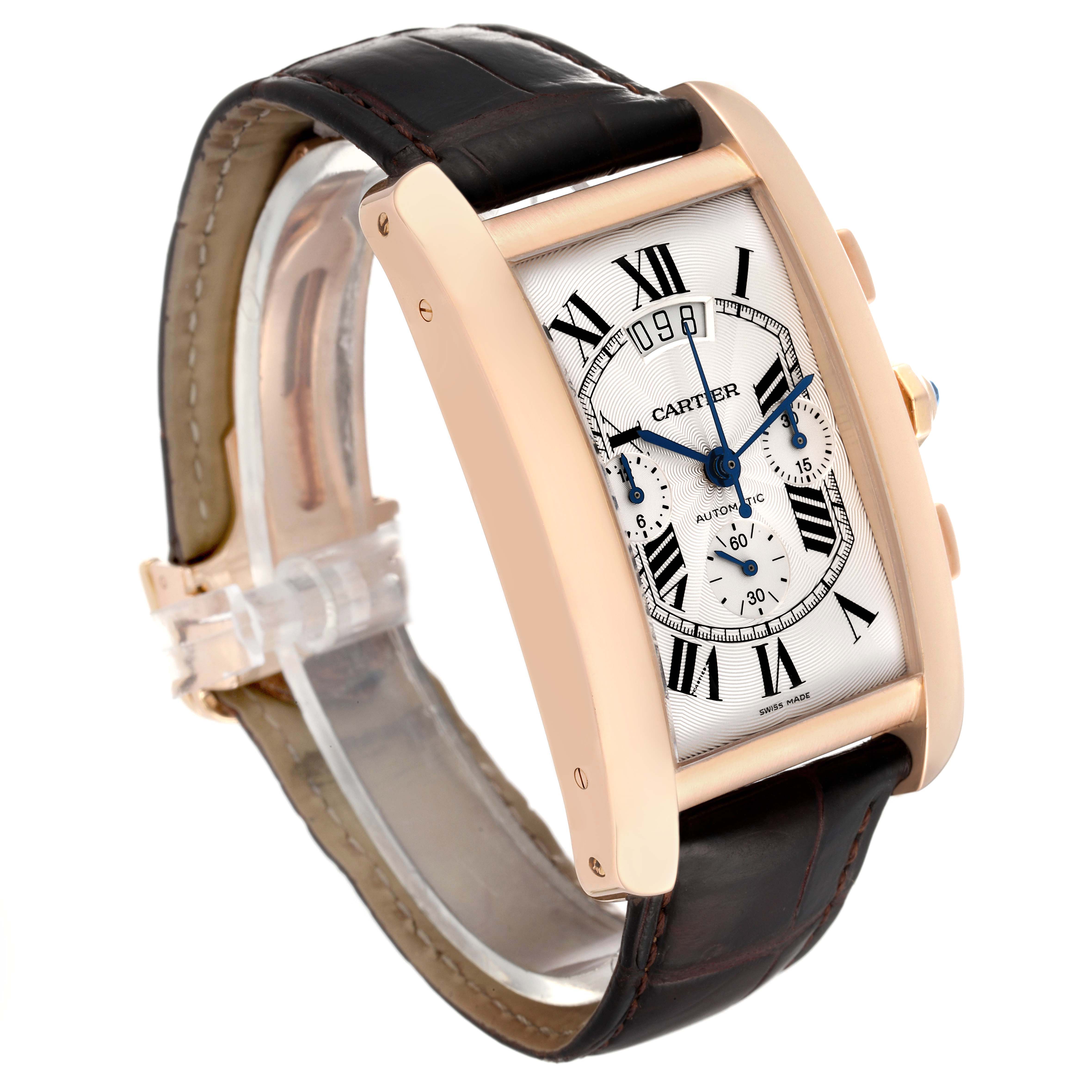 The image shows a Cartier Tank Americaine W2609356 Men's Rose Gold Silver Dial W2609356 Men's Rose Gold Silver Dial watch from an angled side view, highlighting its rectangular case, dial, and leather strap.