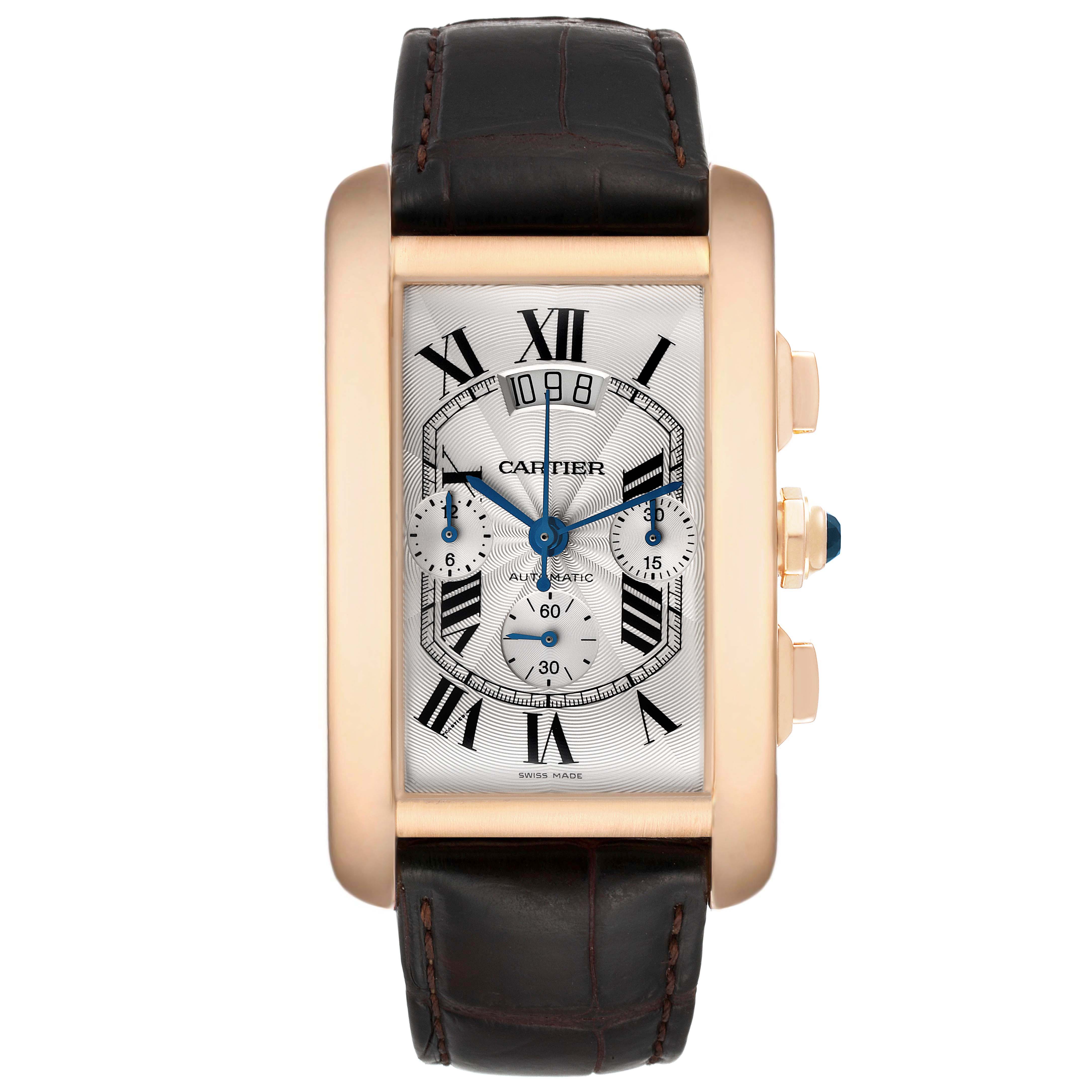 The image shows a Cartier Tank Americaine W2609356 Men's Rose Gold Silver Dial W2609356 Men's Rose Gold Silver Dial watch, viewed from the front, displaying the face and leather strap.