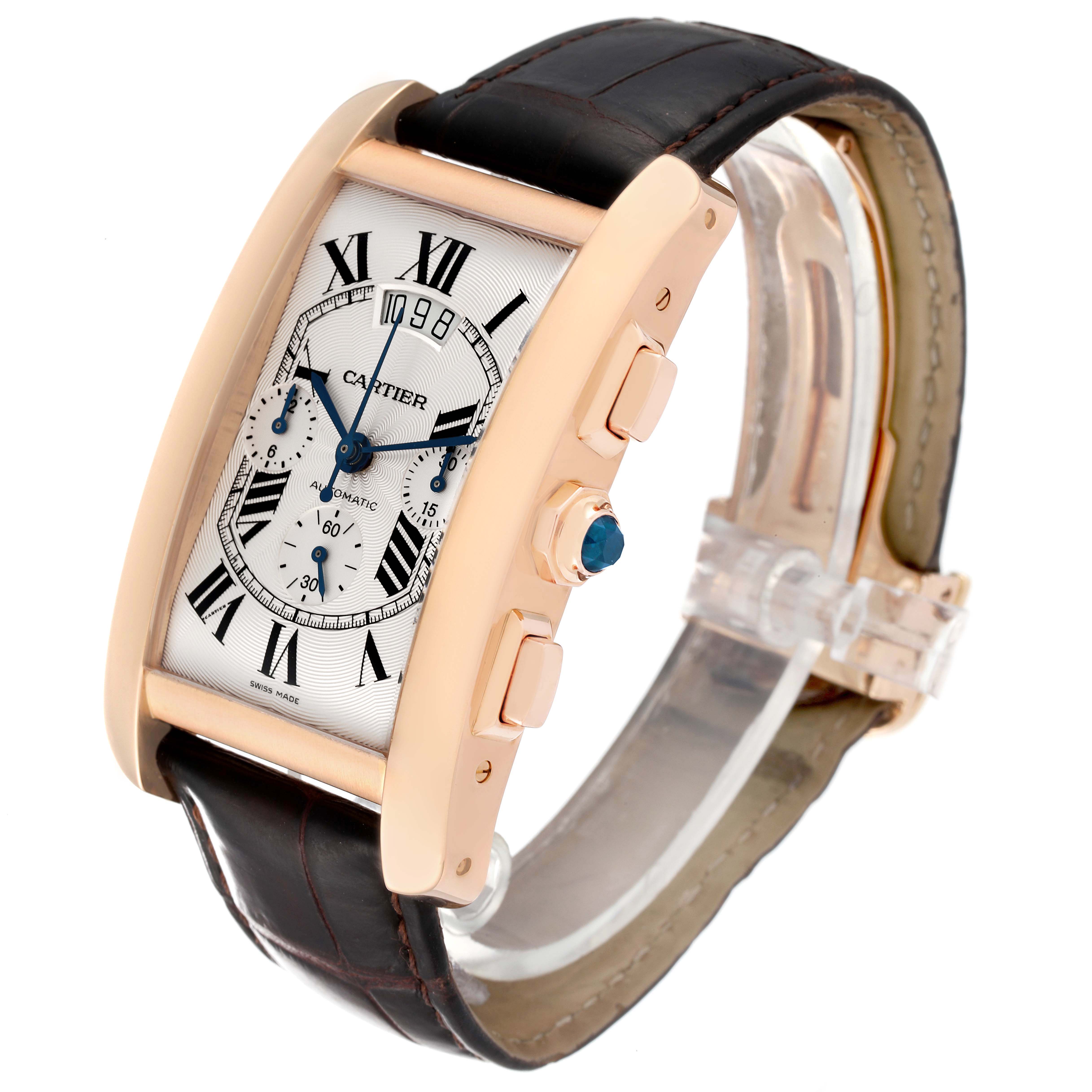 The image shows a Cartier Tank Americaine W2609356 Men's Rose Gold Silver Dial W2609356 Men's Rose Gold Silver Dial watch featuring its face, side buttons, crown, and leather strap at an angled view.