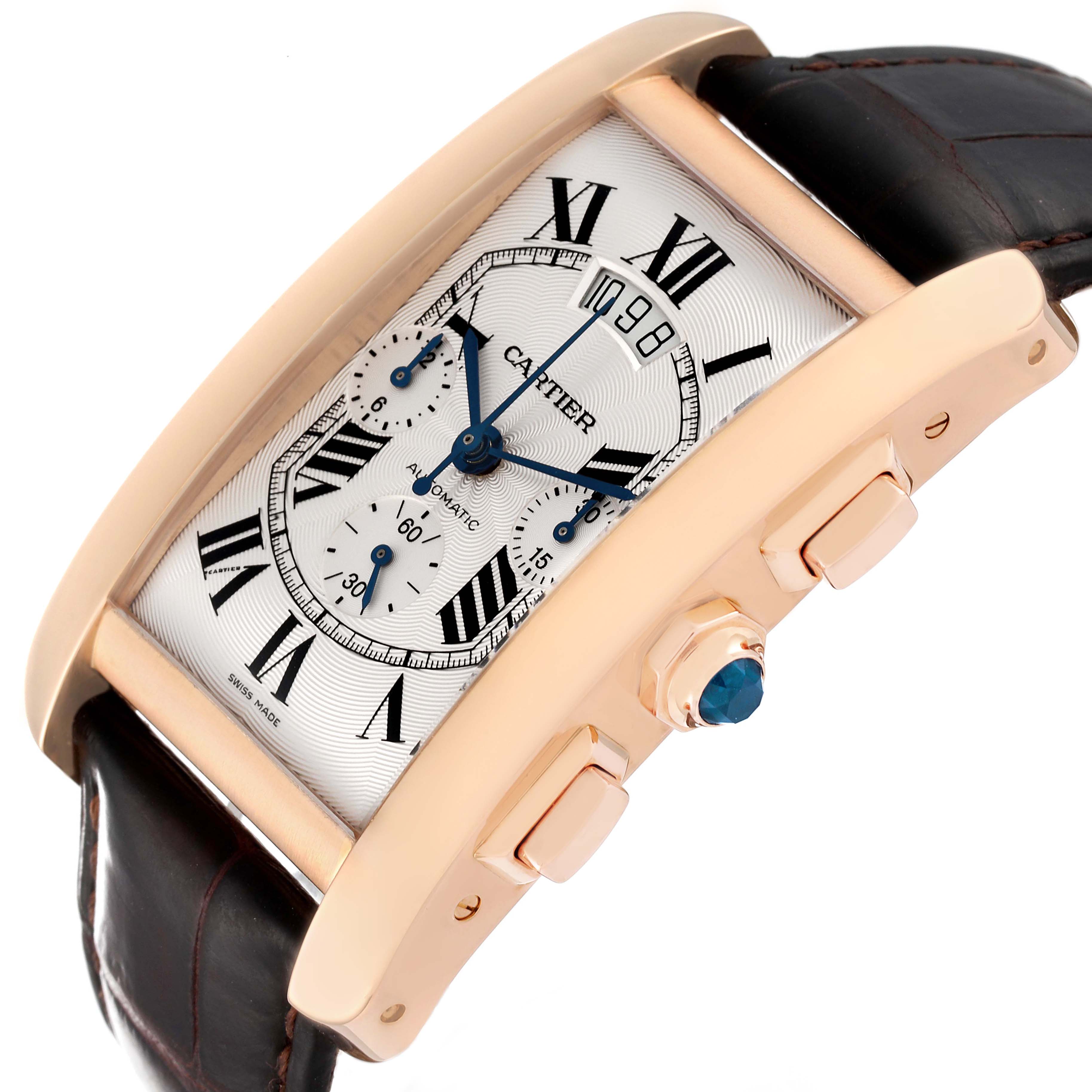 The image shows a Cartier Tank Americaine W2609356 Men's Rose Gold Silver Dial W2609356 Men's Rose Gold Silver Dial watch at an oblique angle, highlighting the crown, buttons, and part of the strap.