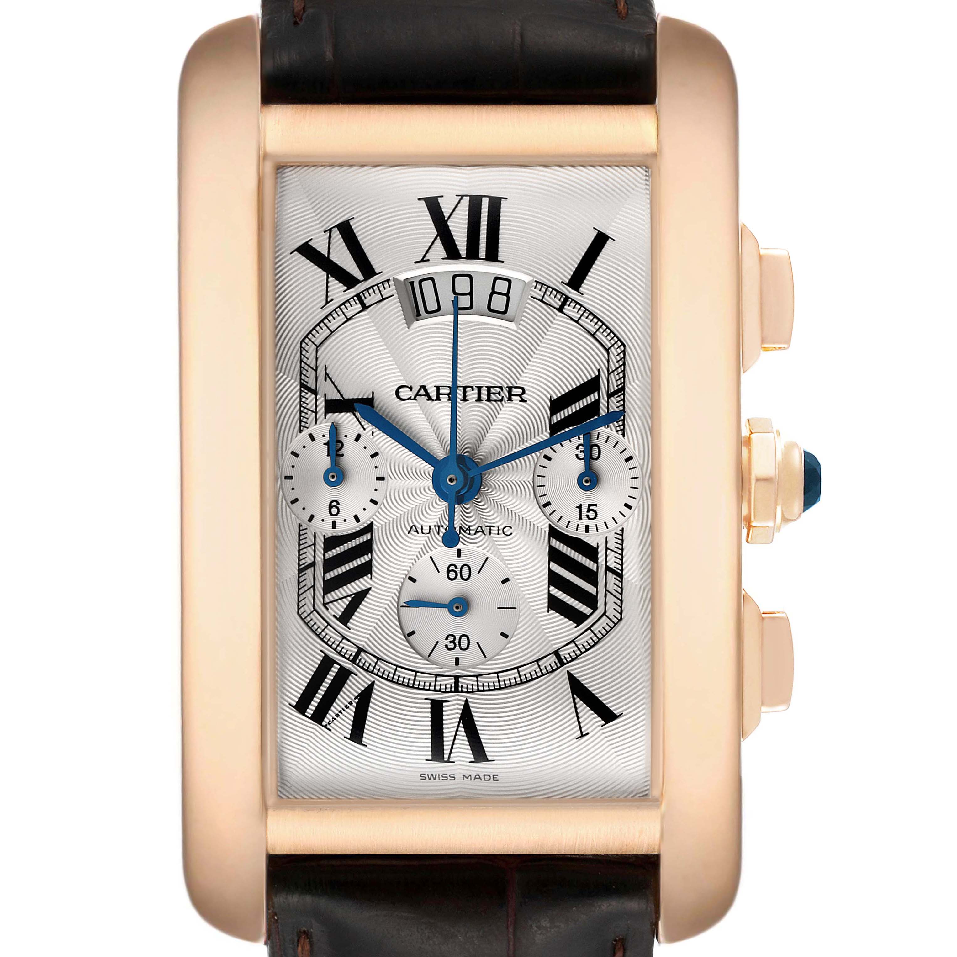 This image shows a frontal view of a Cartier Tank Americaine W2609356 Men's Rose Gold Silver Dial W2609356 Men's Rose Gold Silver Dial watch, showcasing its rectangular face, detailing, and chronograph dials.