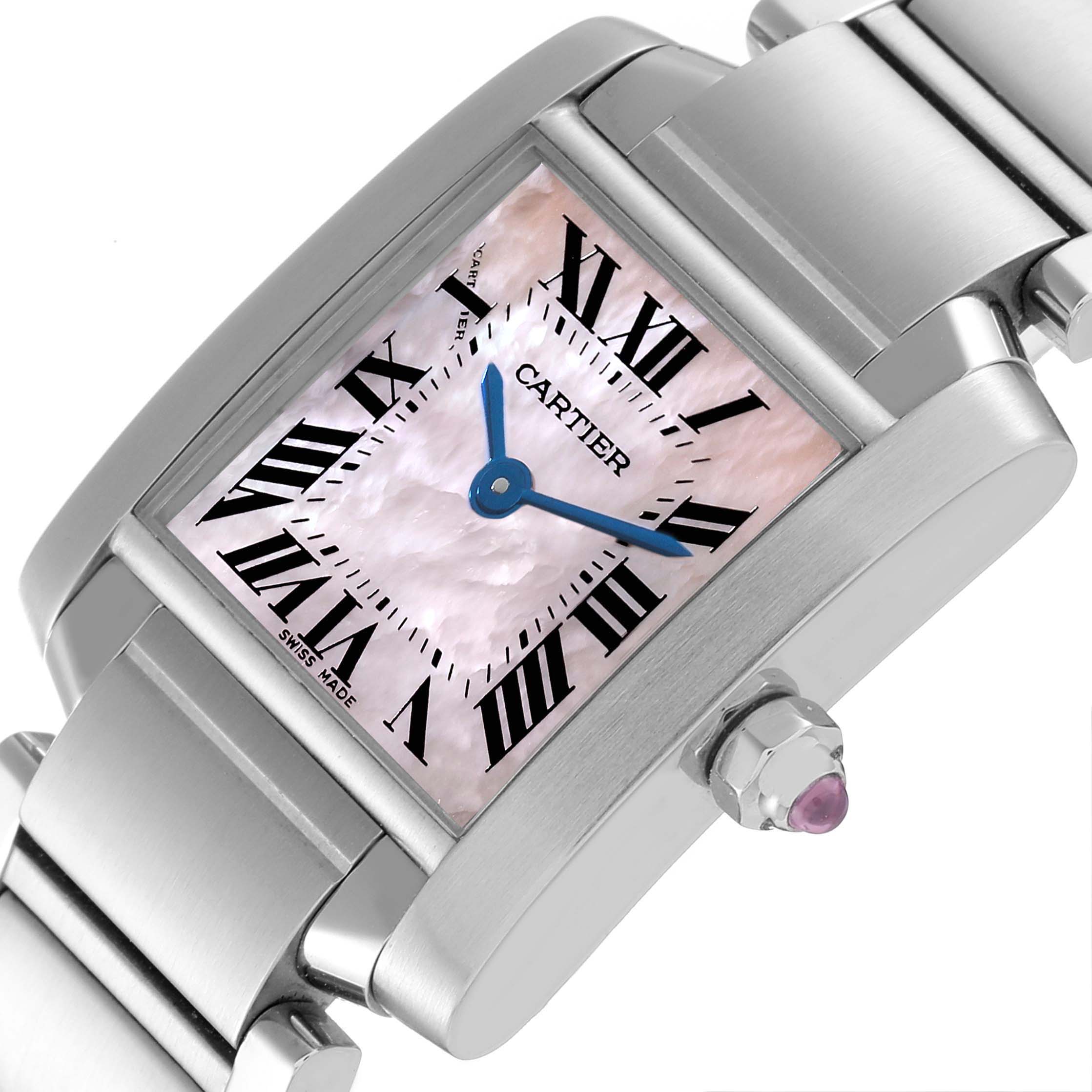 The image shows a close-up angle of the Cartier Tank Française watch face and part of the band.