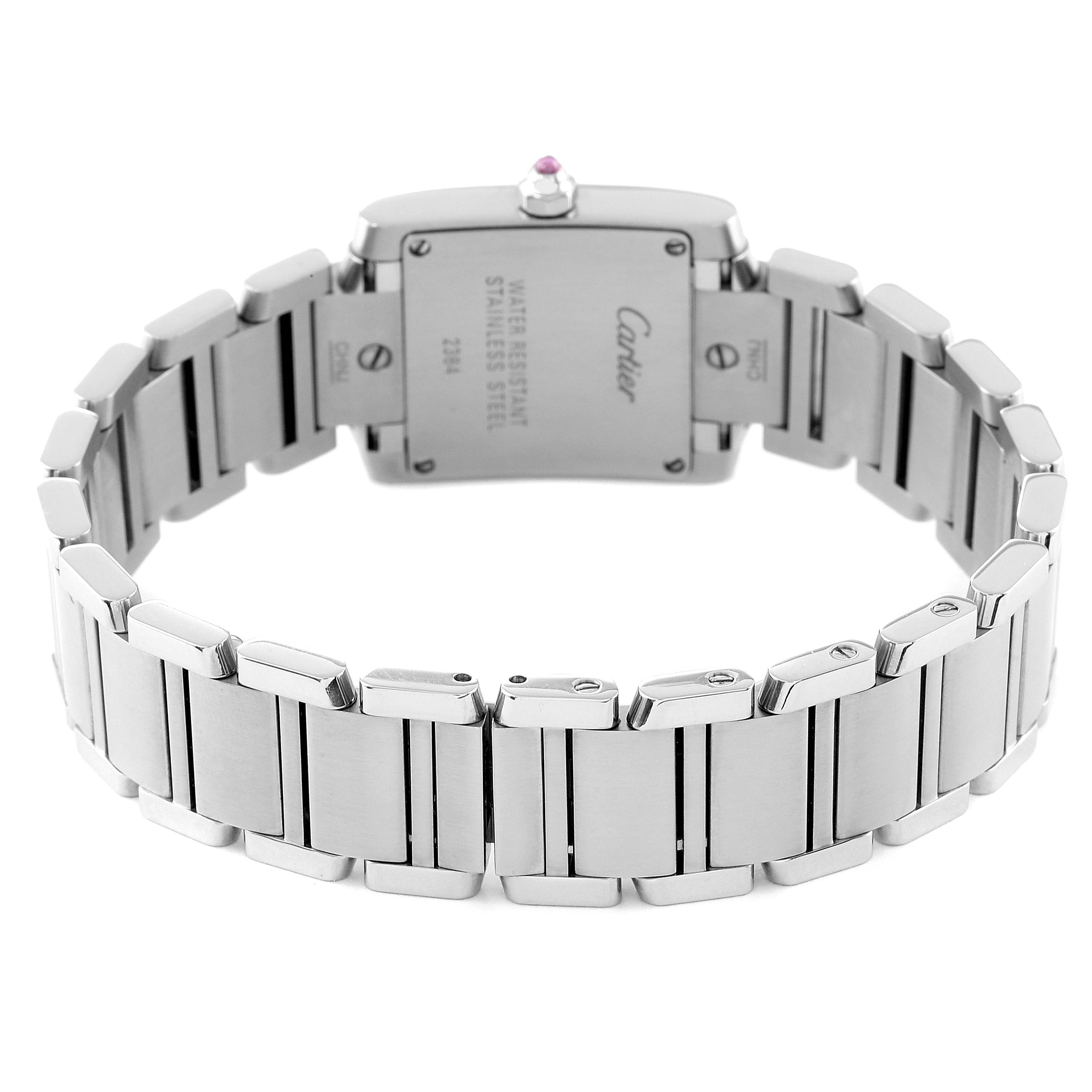 The image shows the back view of a Cartier Tank Francaise W51028Q3 Women's Stainless Steel Mother of Pearl Dial W51028Q3 Women's Stainless Steel Mother of Pearl Dial watch, highlighting its stainless steel bracelet and case back.