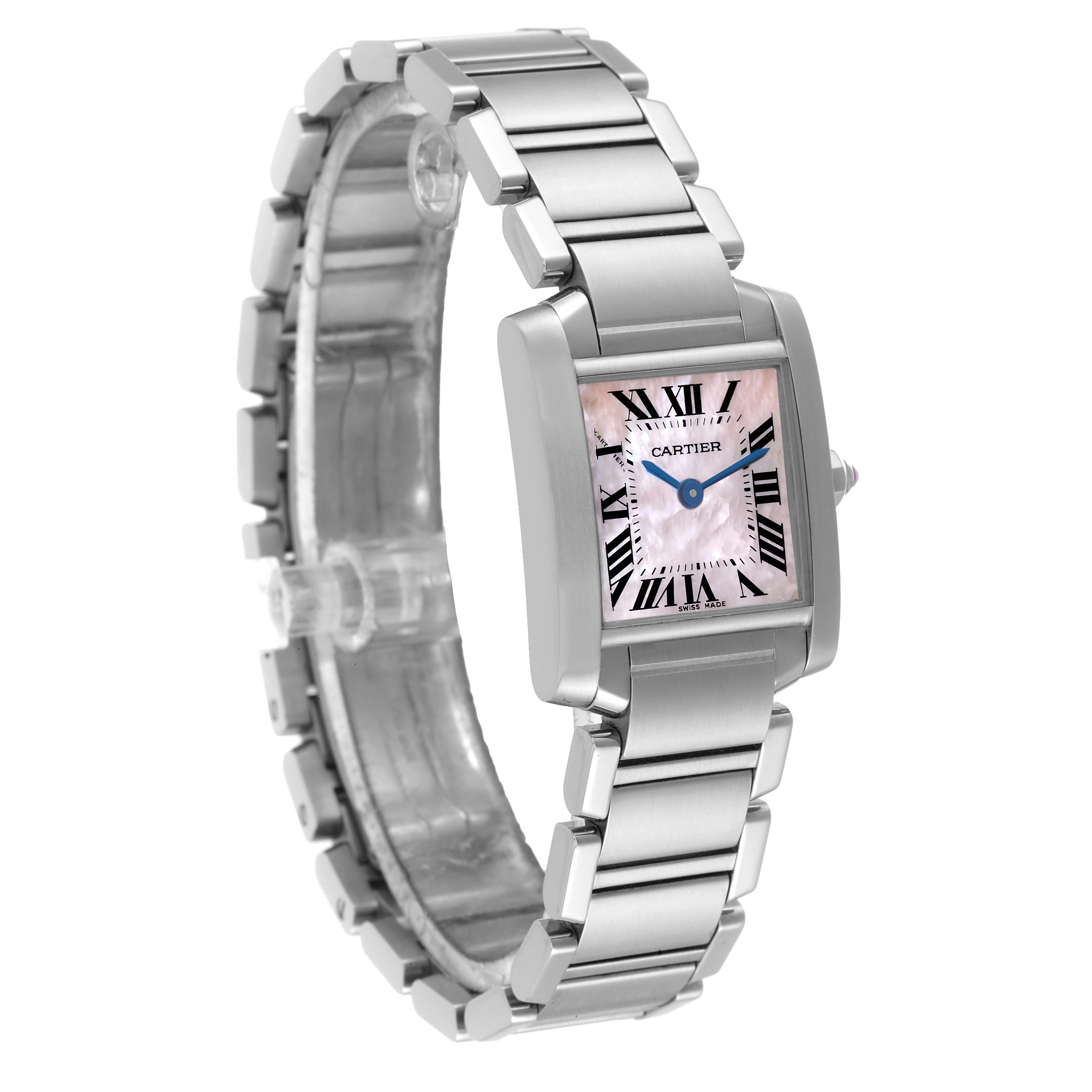 The Cartier Tank Francaise W51028Q3 Women's Stainless Steel Mother of Pearl Dial W51028Q3 Women's Stainless Steel Mother of Pearl Dial watch is shown at a slight angled view, displaying its face, case, and metal bracelet.