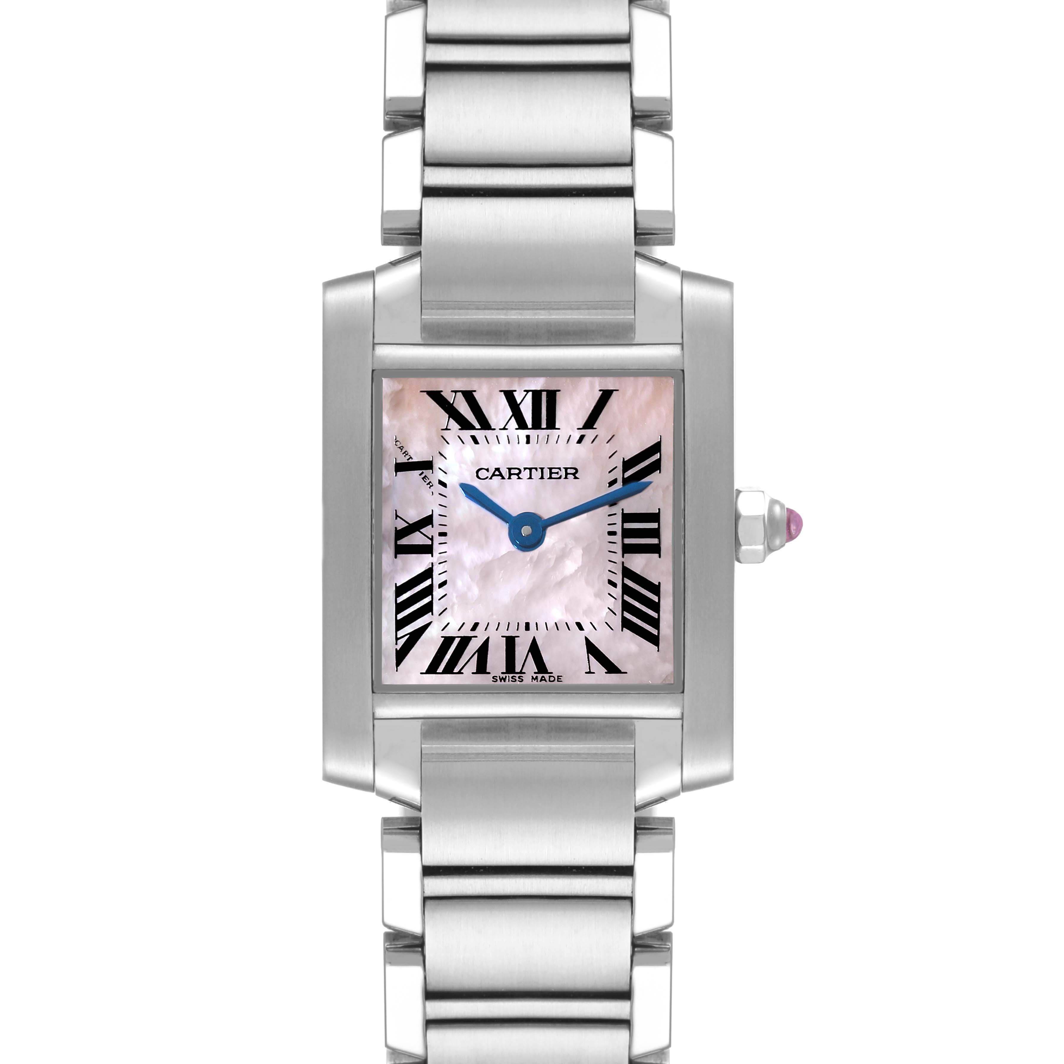 This image shows a front angle of the Cartier Tank Francaise W51028Q3 Women's Stainless Steel Mother of Pearl Dial W51028Q3 Women's Stainless Steel Mother of Pearl Dial watch, highlighting its face and metal bracelet.