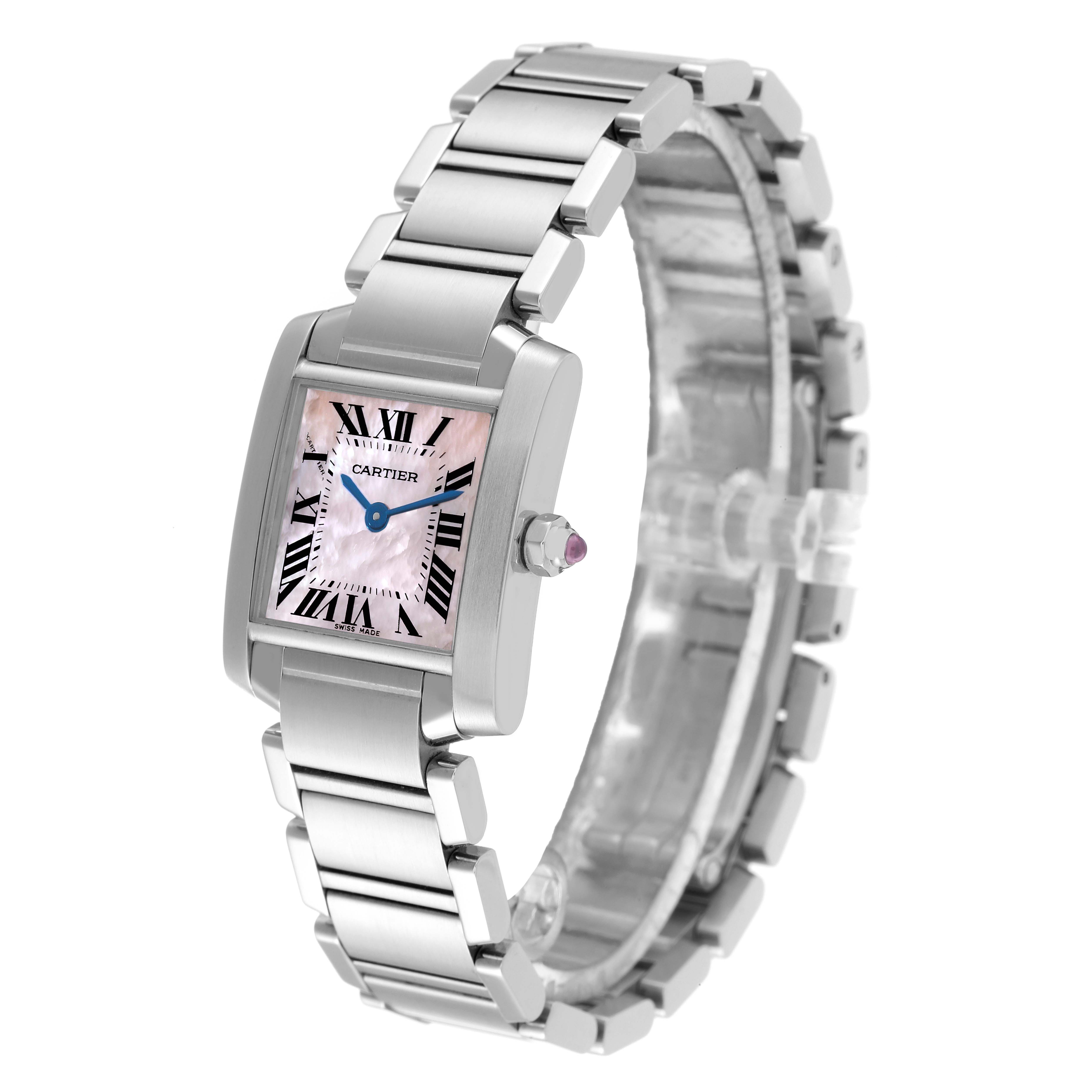The image shows a Cartier Tank Francaise W51028Q3 Women's Stainless Steel Mother of Pearl Dial W51028Q3 Women's Stainless Steel Mother of Pearl Dial watch from a front-side angle, highlighting the face, bracelet, and crown.