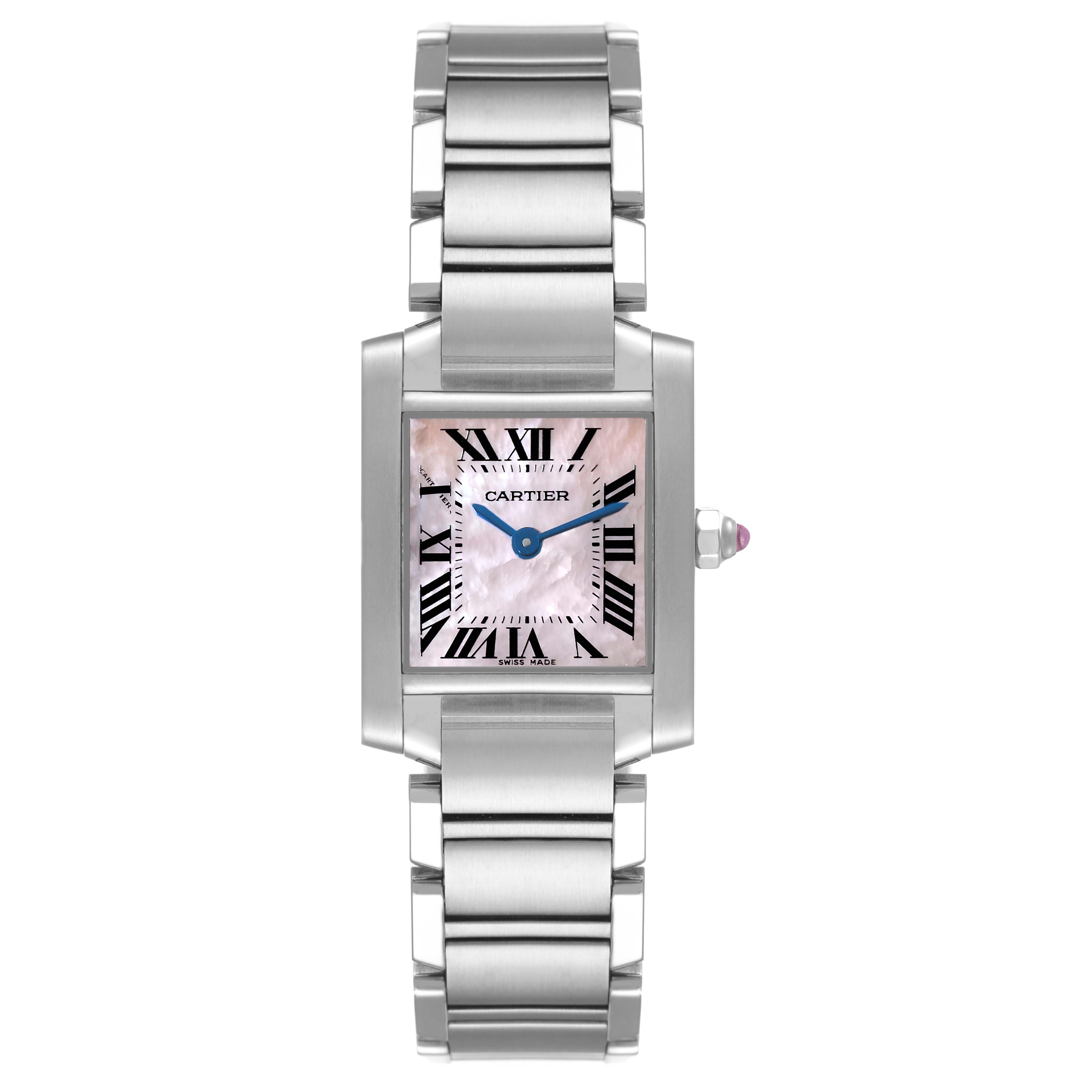 The image shows a Cartier Tank Francaise W51028Q3 Women's Stainless Steel Mother of Pearl Dial W51028Q3 Women's Stainless Steel Mother of Pearl Dial watch from a front angle, displaying its face, bracelet, and side crown.