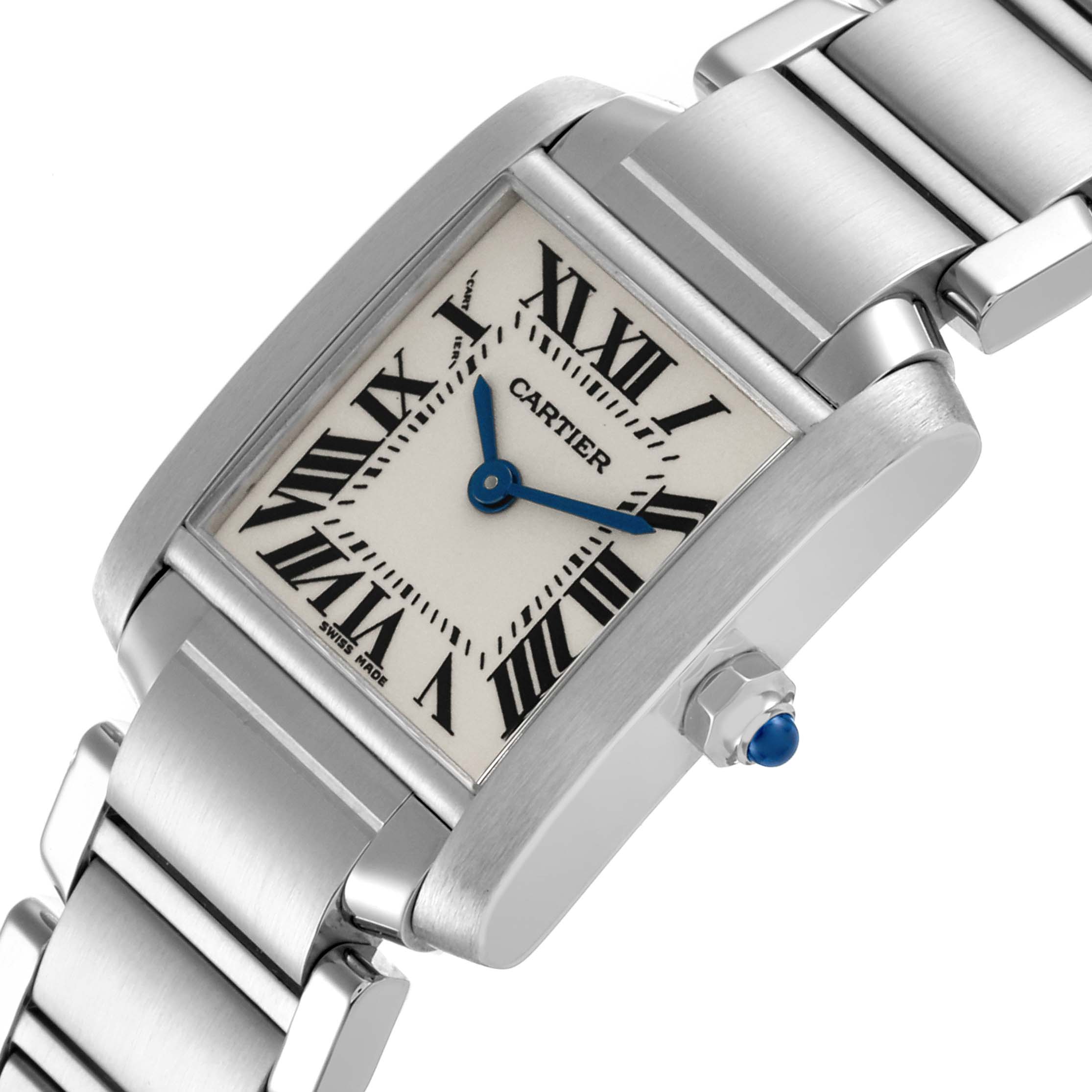 The Cartier Tank Francaise W51008Q3 Women's Stainless Steel Silver Dial W51008Q3 Women's Stainless Steel Silver Dial watch is shown at an angle highlighting the face, bezel, crown, and part of the bracelet.
