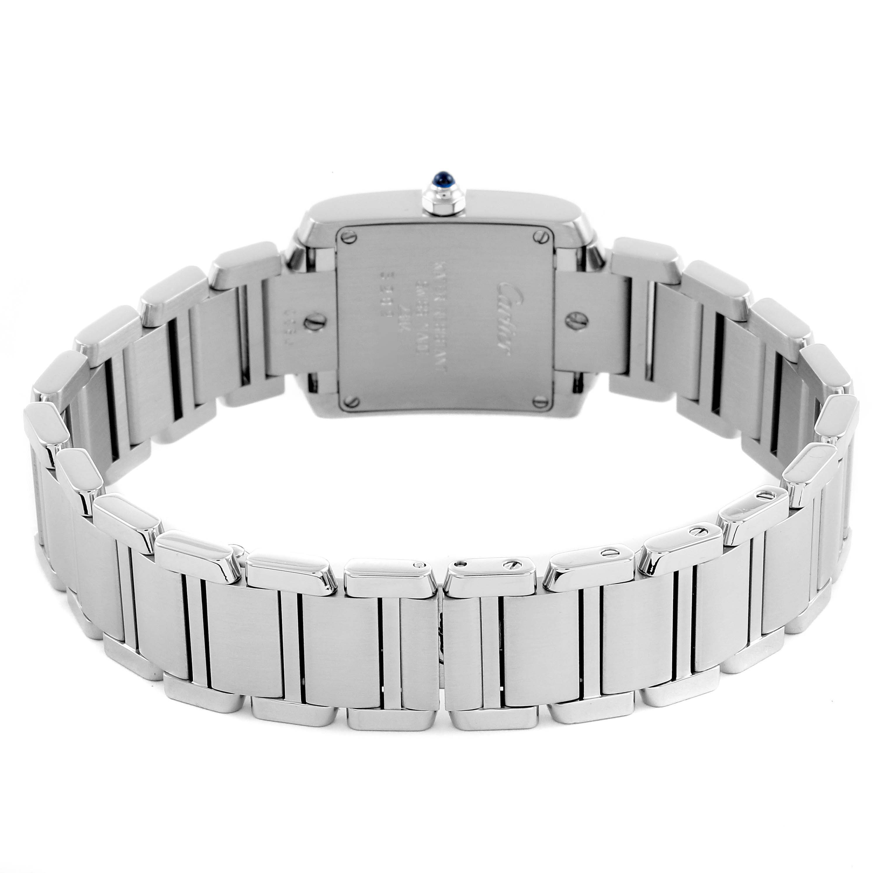 The Cartier Tank Française watch is shown from the back, highlighting its metal bracelet and the case back details.