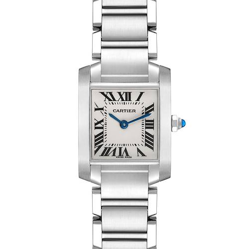 The Cartier Tank Francaise watch is shown from a front angle, showcasing its face, bracelet, and crown.