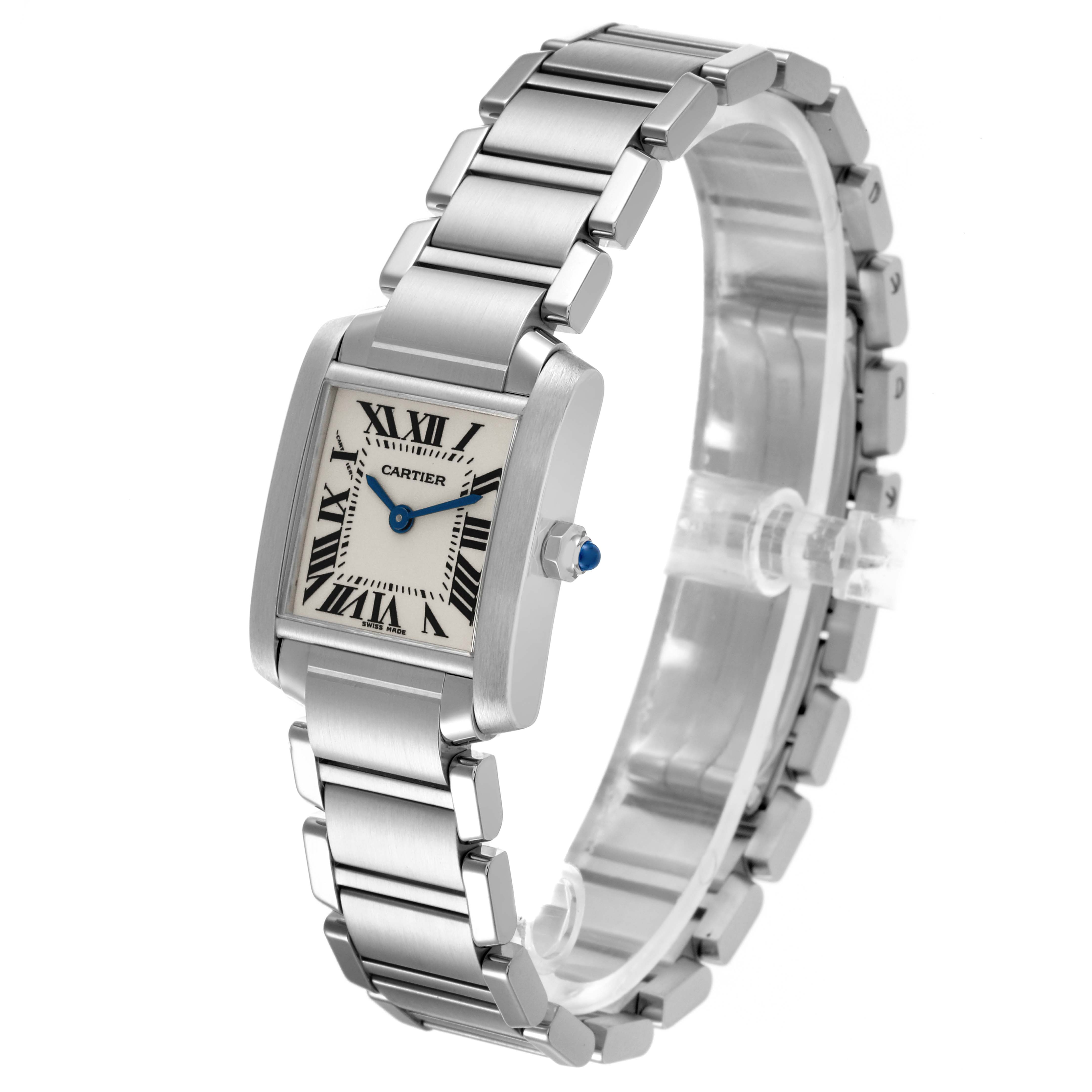 The Cartier Tank Française watch is shown at an angled side view, displaying its bracelet and square dial with Roman numerals.