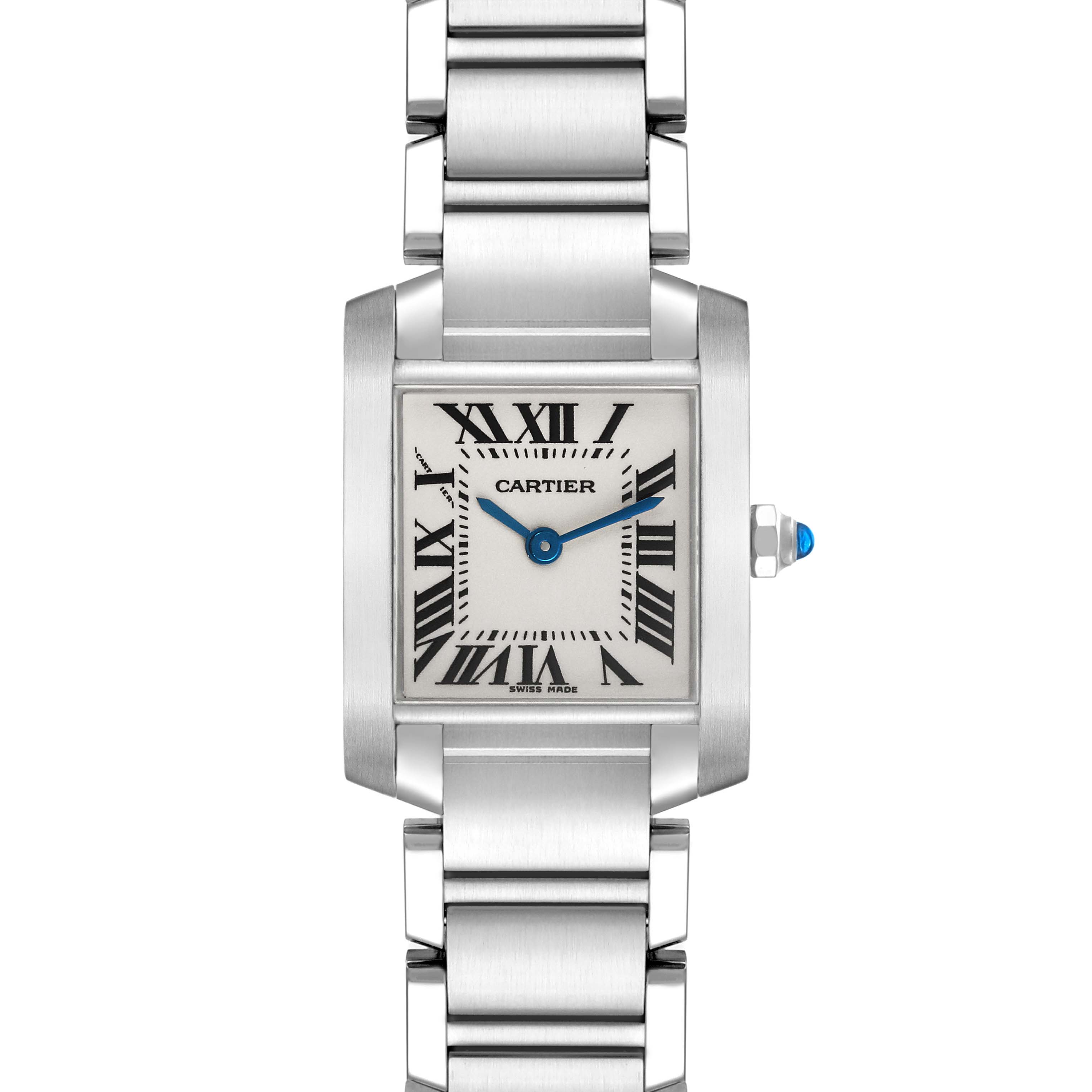 The Cartier Tank Française watch is shown from a top-down angle, highlighting its face, dial, and bracelet.