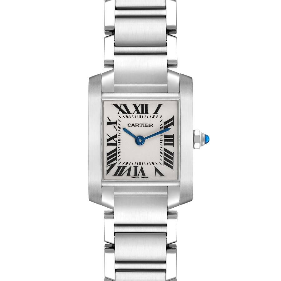 The Cartier Tank Française watch is shown from a top-down angle, highlighting its face, dial, and bracelet.