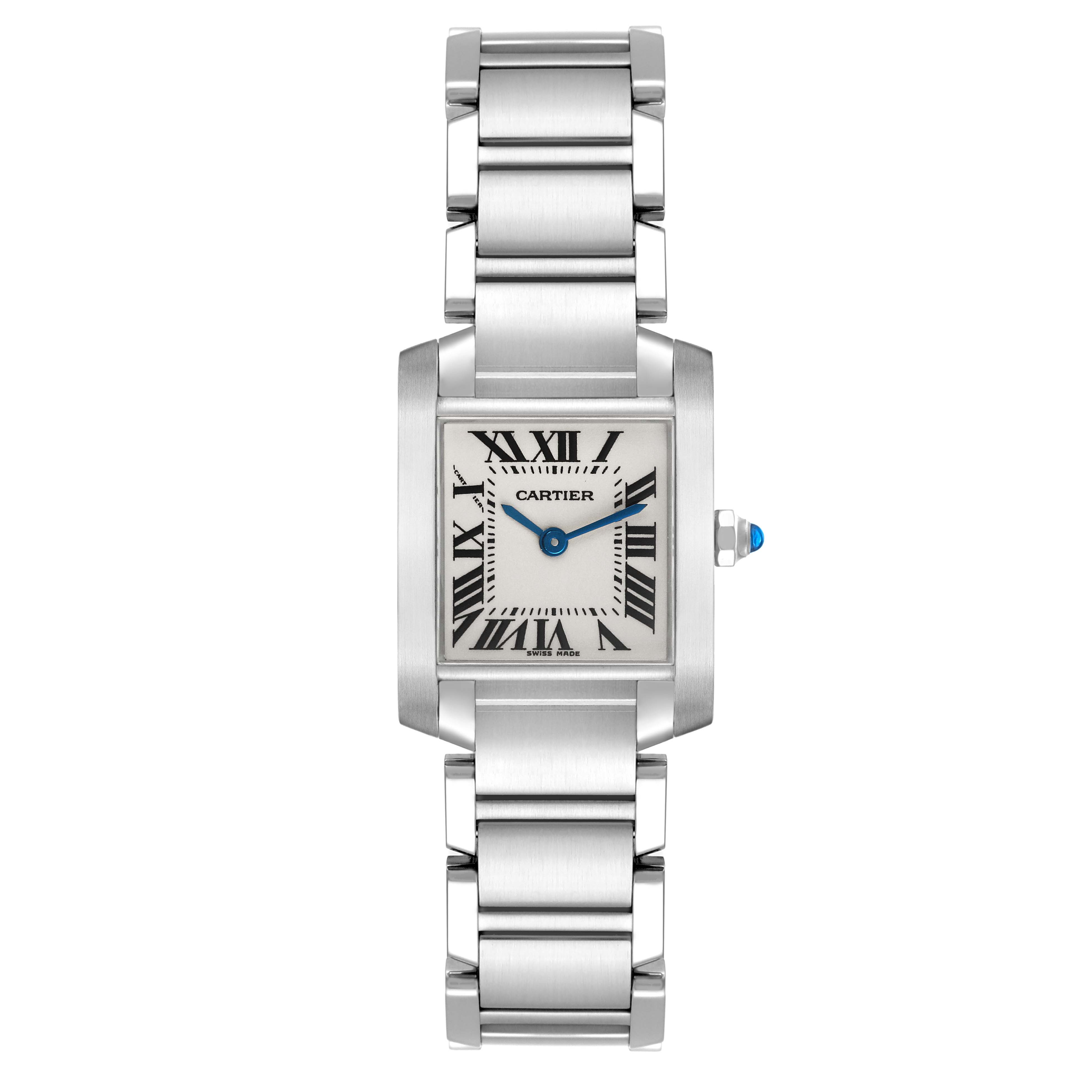 The Cartier Tank Francaise W51008Q3 Women's Stainless Steel Silver Dial W51008Q3 Women's Stainless Steel Silver Dial watch is shown from a front angle, displaying the face, bracelet, and crown.