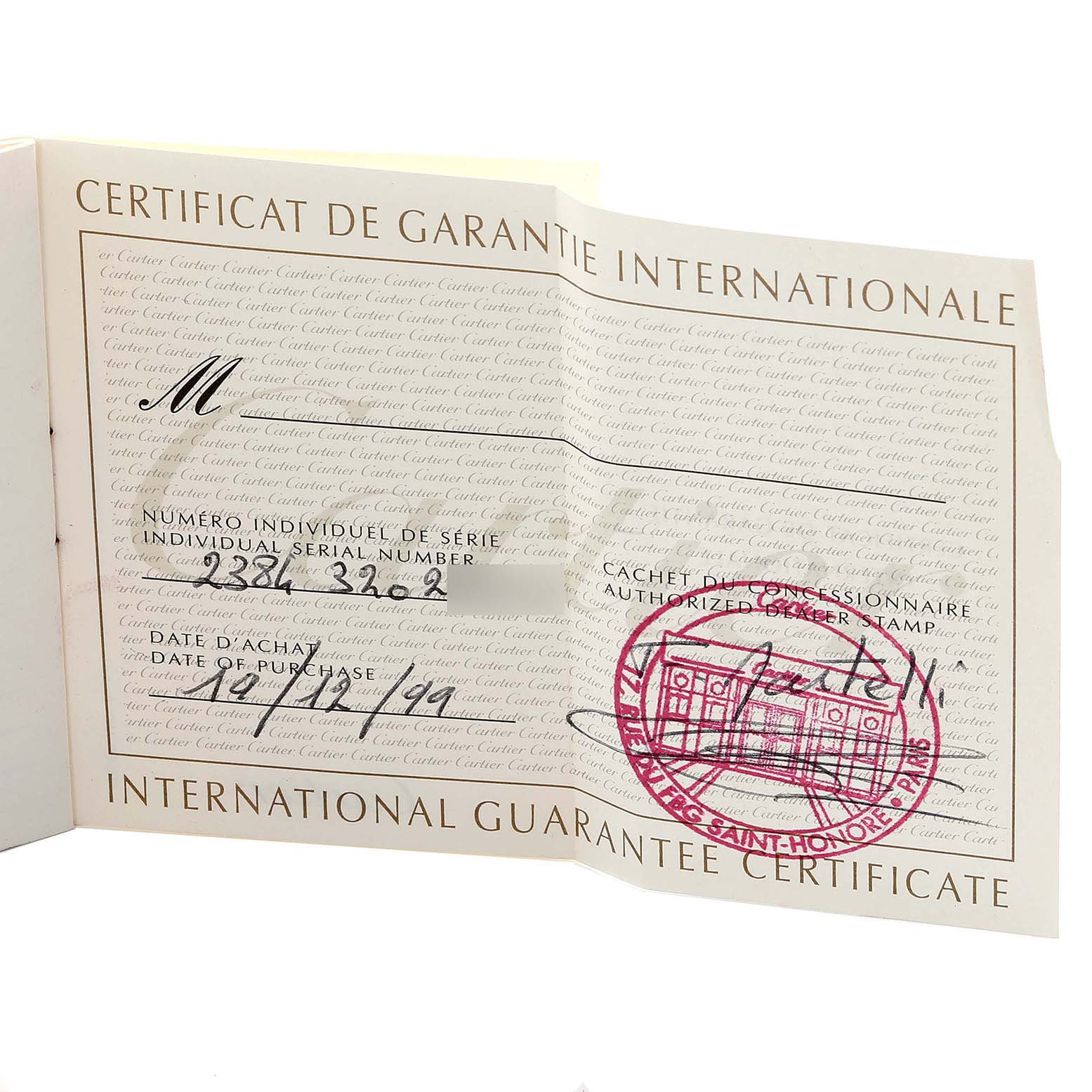 The image shows an International Guarantee Certificate for the Cartier Tank Francaise W51008Q3 Women's Stainless Steel Silver Dial W51008Q3 Women's Stainless Steel Silver Dial watch.