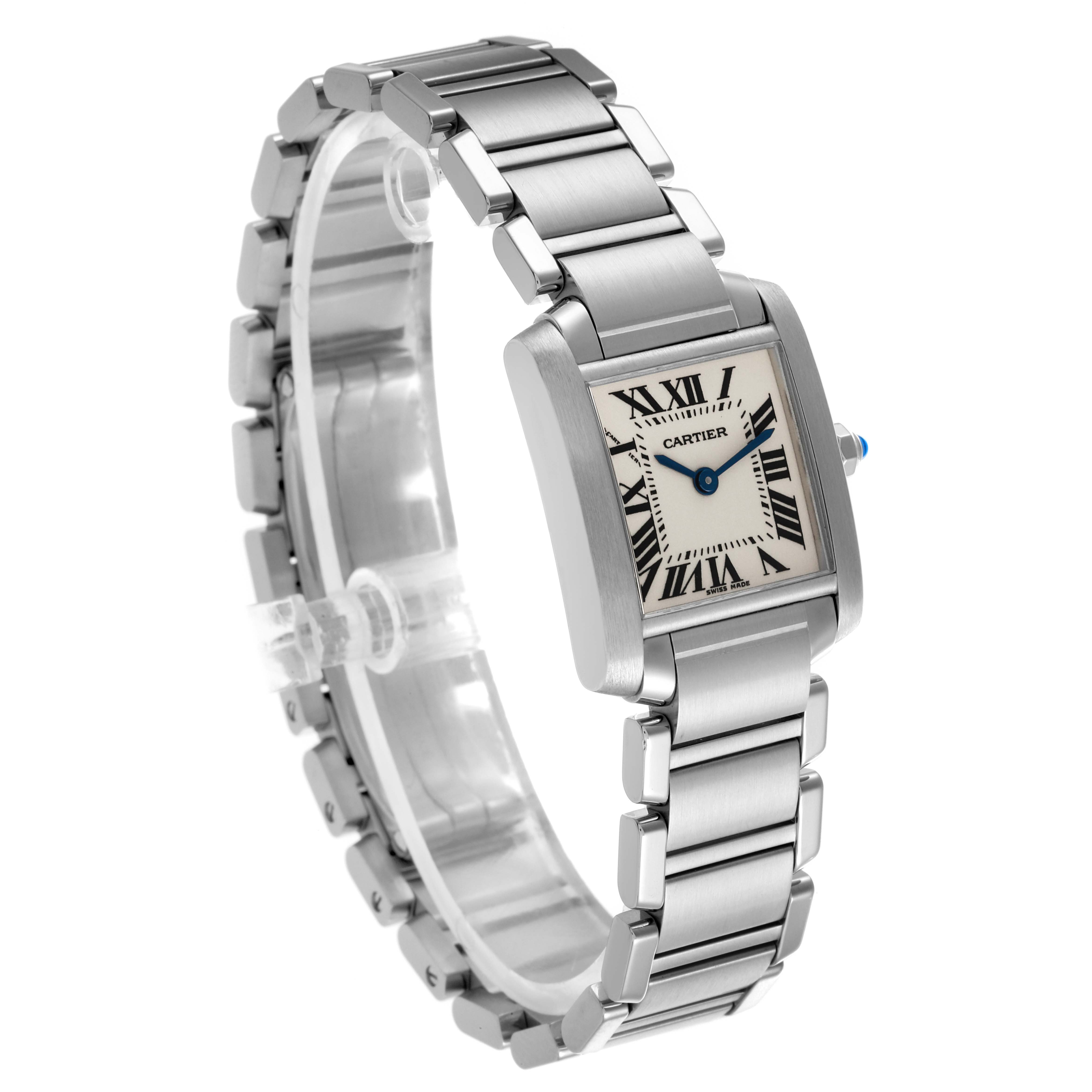 The Cartier Tank Francaise W51008Q3 Women's Stainless Steel Silver Dial W51008Q3 Women's Stainless Steel Silver Dial watch is shown at a three-quarter angle, displaying the face and bracelet.