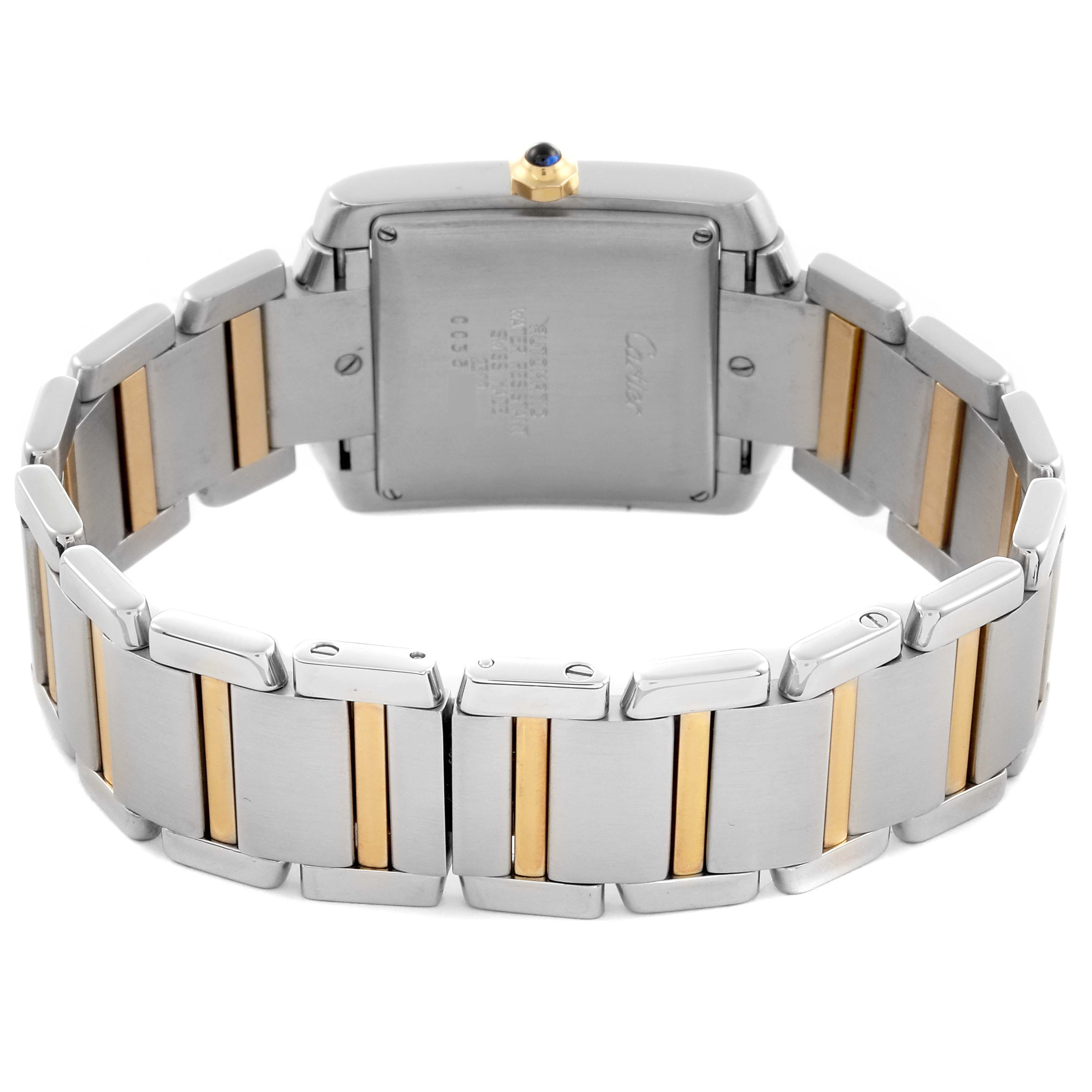The image shows the back and bracelet of a Cartier Tank Française watch, highlighting its two-tone metal links.