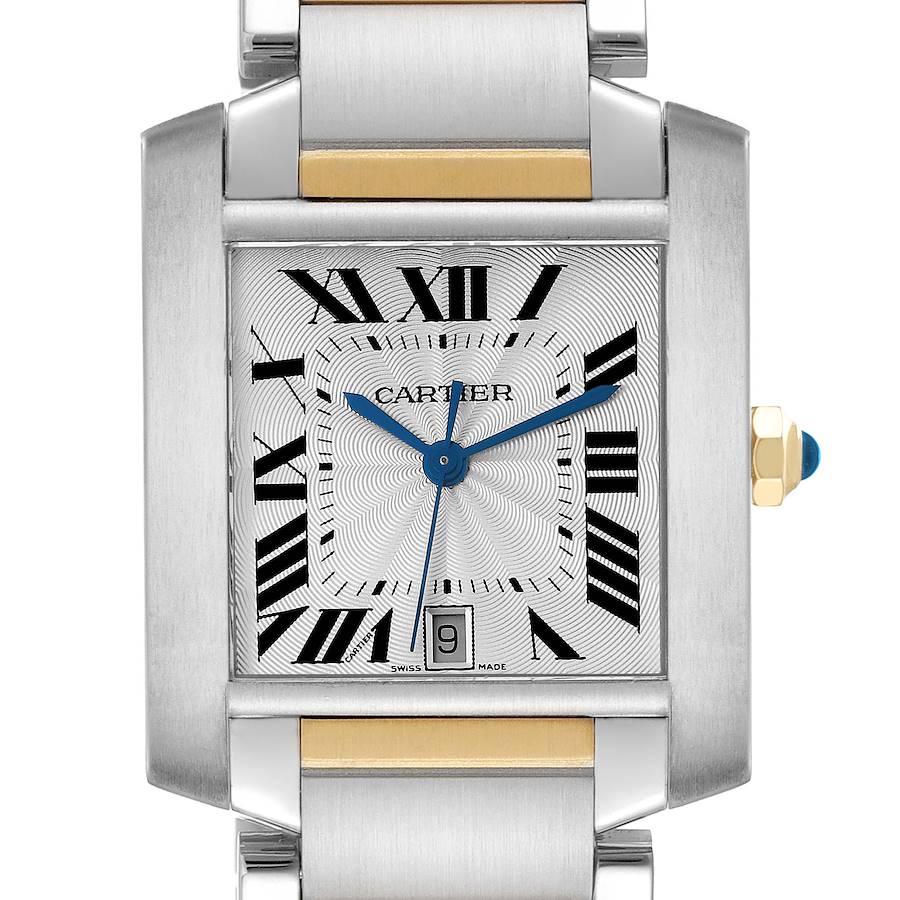 The image shows the Cartier Tank Française watch from a front angle, highlighting the face, crown, and part of the bracelet.