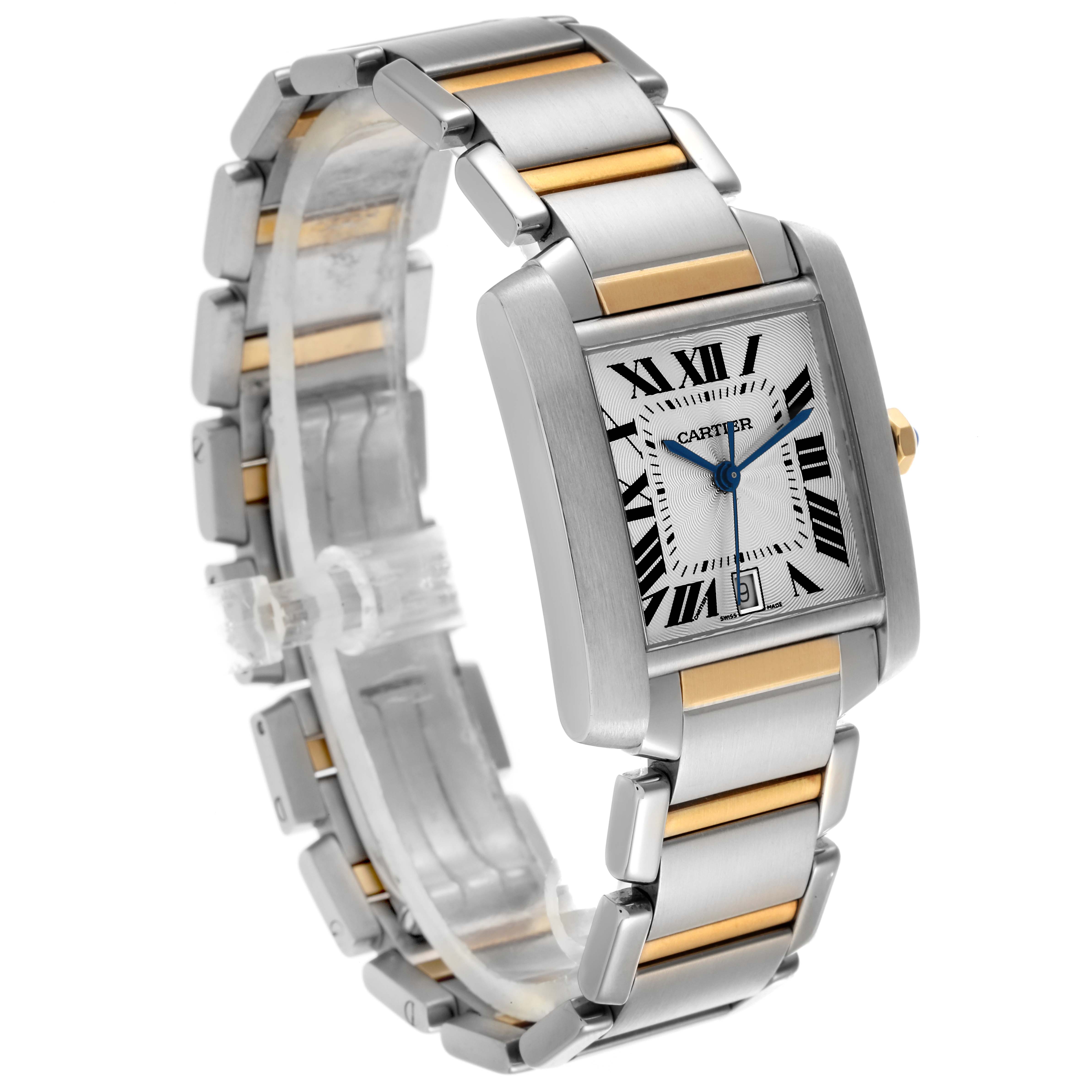 The Cartier Tank Française watch is shown at a slight angle, displaying its face, bracelet, and crown.
