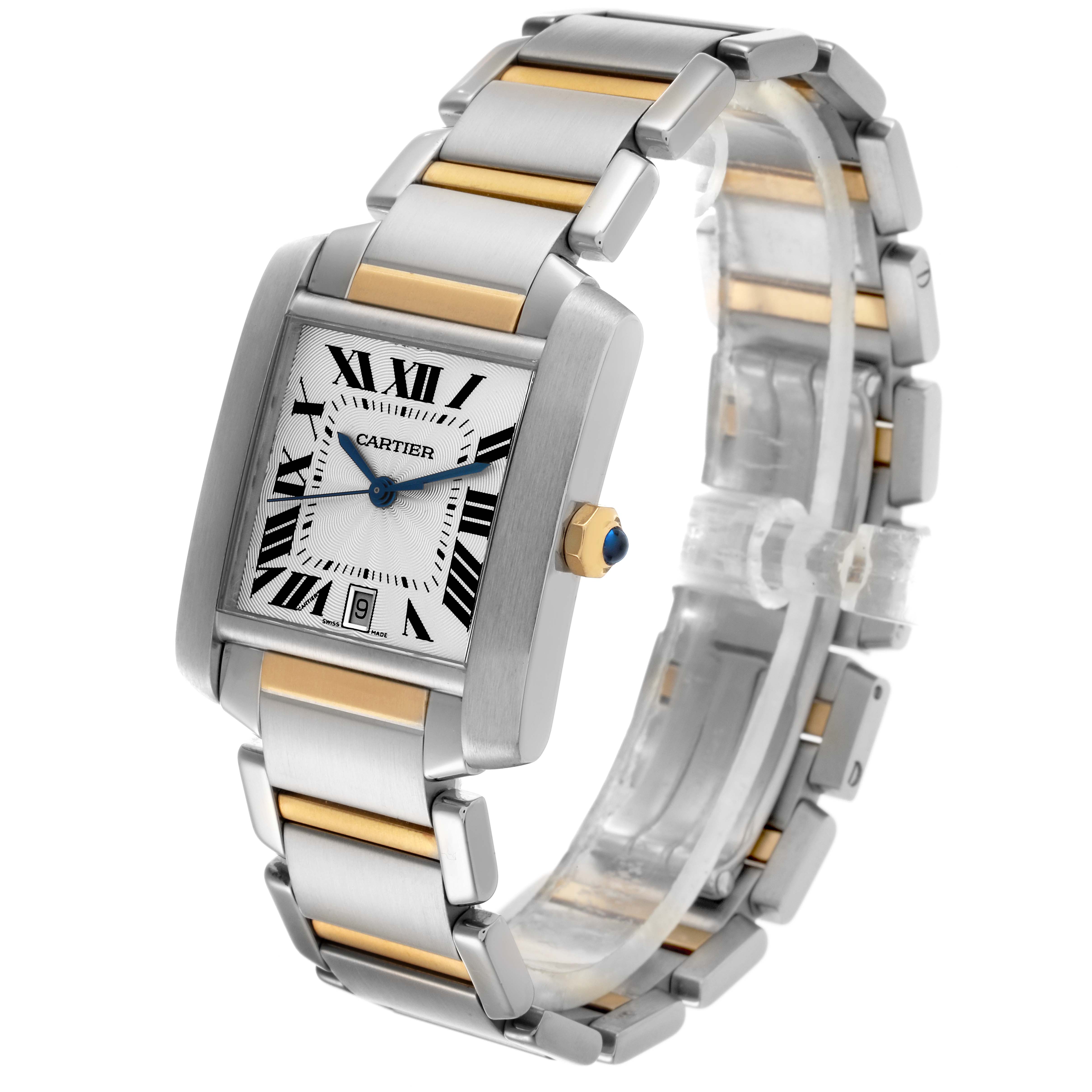 The Cartier Tank Française watch is angled to show the face, roman numerals, and two-tone bracelet.