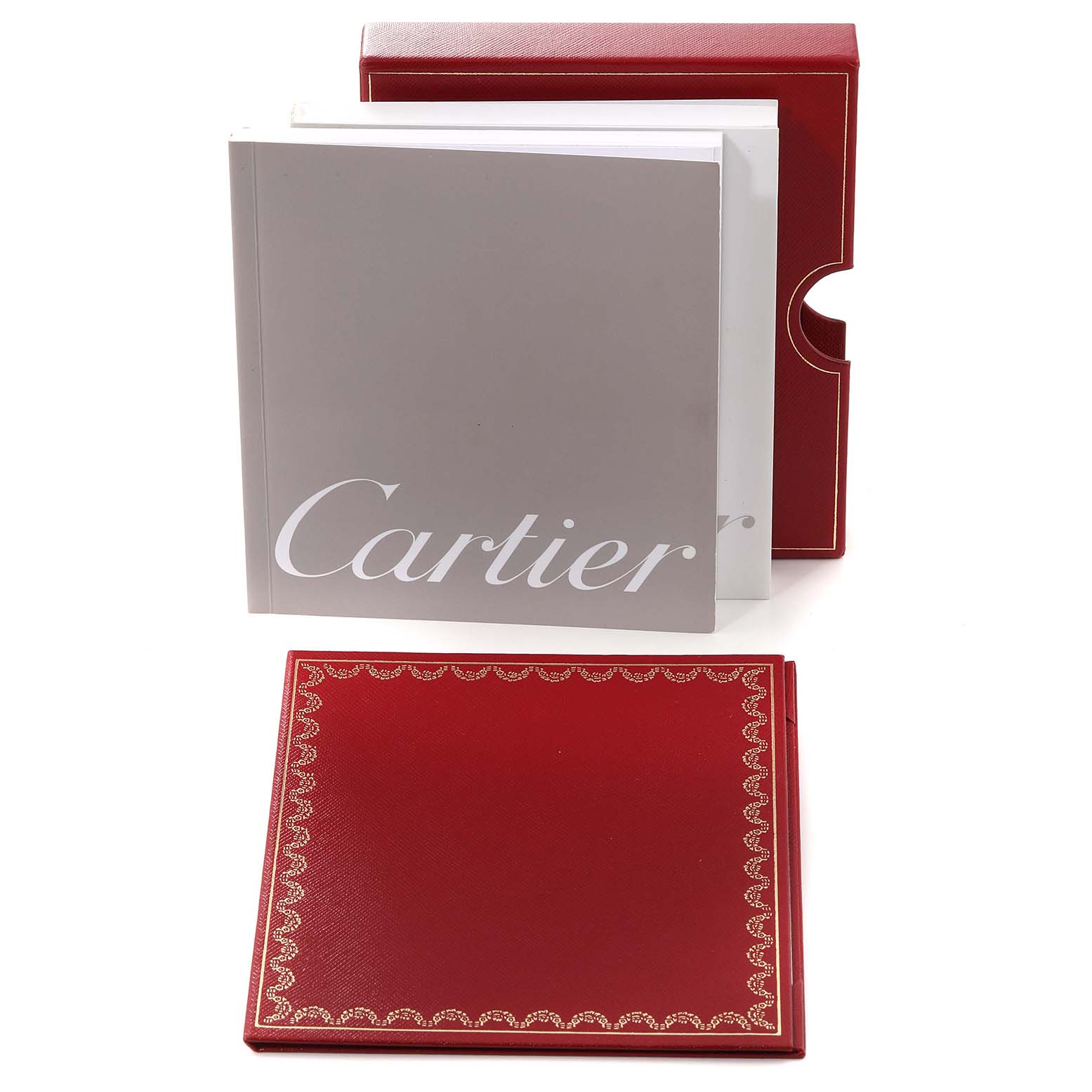 The image shows the packaging and booklet for a Cartier Tank Francaise WE100251 Women
s White Gold Silver Dial WE100251 Women
s White Gold Silver Dial watch.