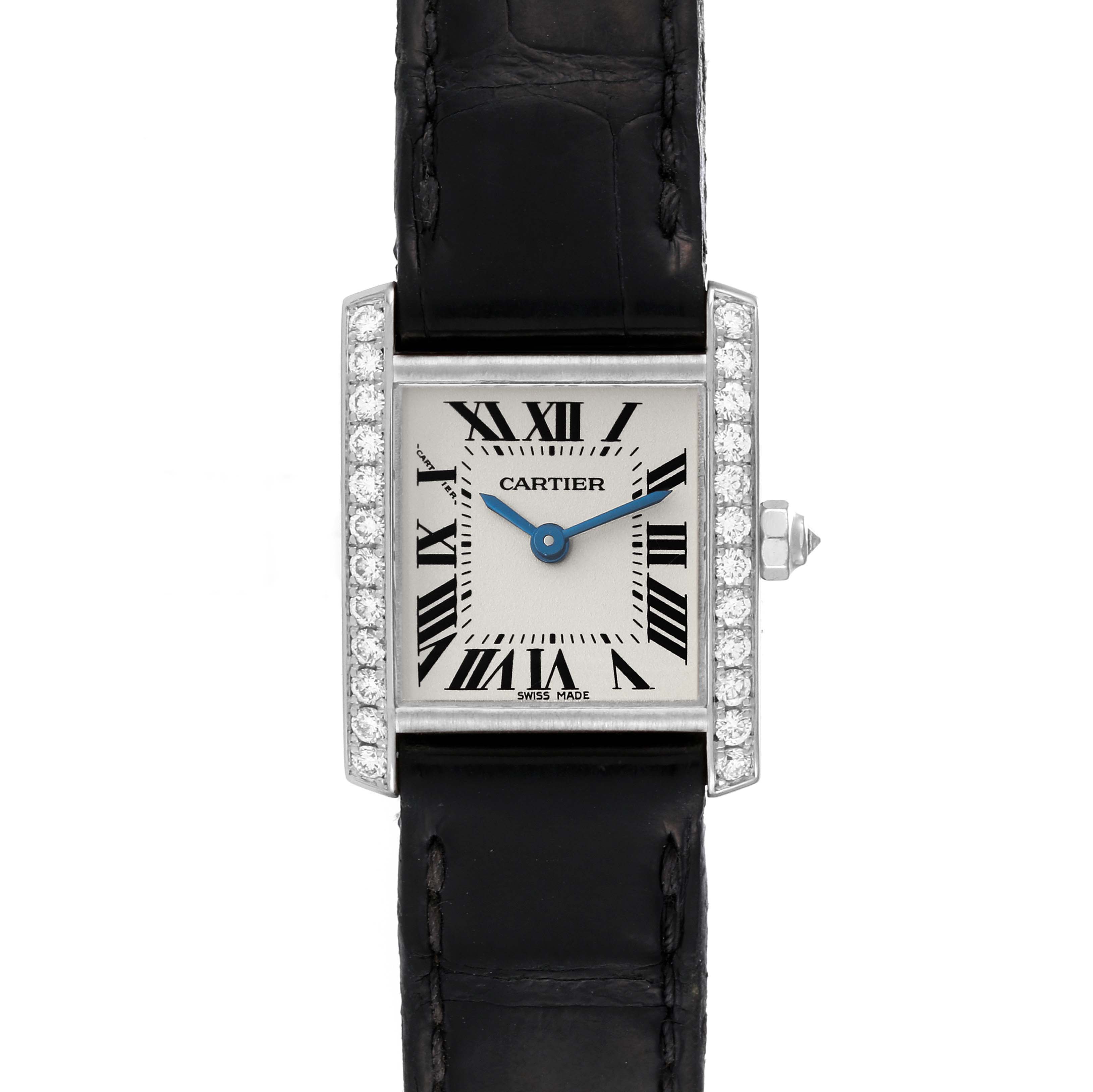 This image shows a frontal view of the Cartier Tank Francaise WE100251 Women
s White Gold Silver Dial WE100251 Women
s White Gold Silver Dial watch with a black leather strap and diamond-set bezel.