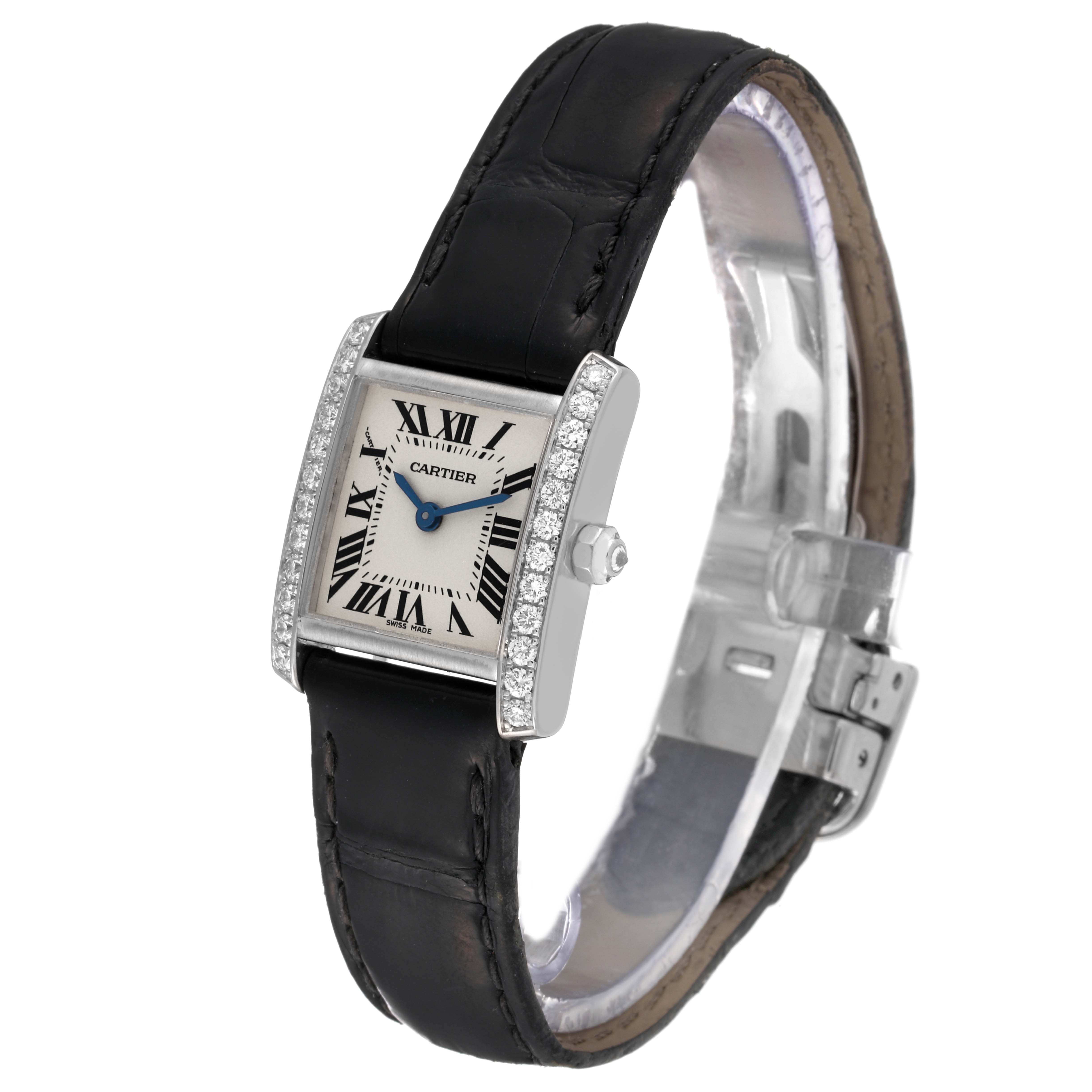 The image shows a Cartier Tank Francaise WE100251 Women
s White Gold Silver Dial WE100251 Women
s White Gold Silver Dial watch from a three-quarter angle highlighting the dial, bezel, strap, and buckle.