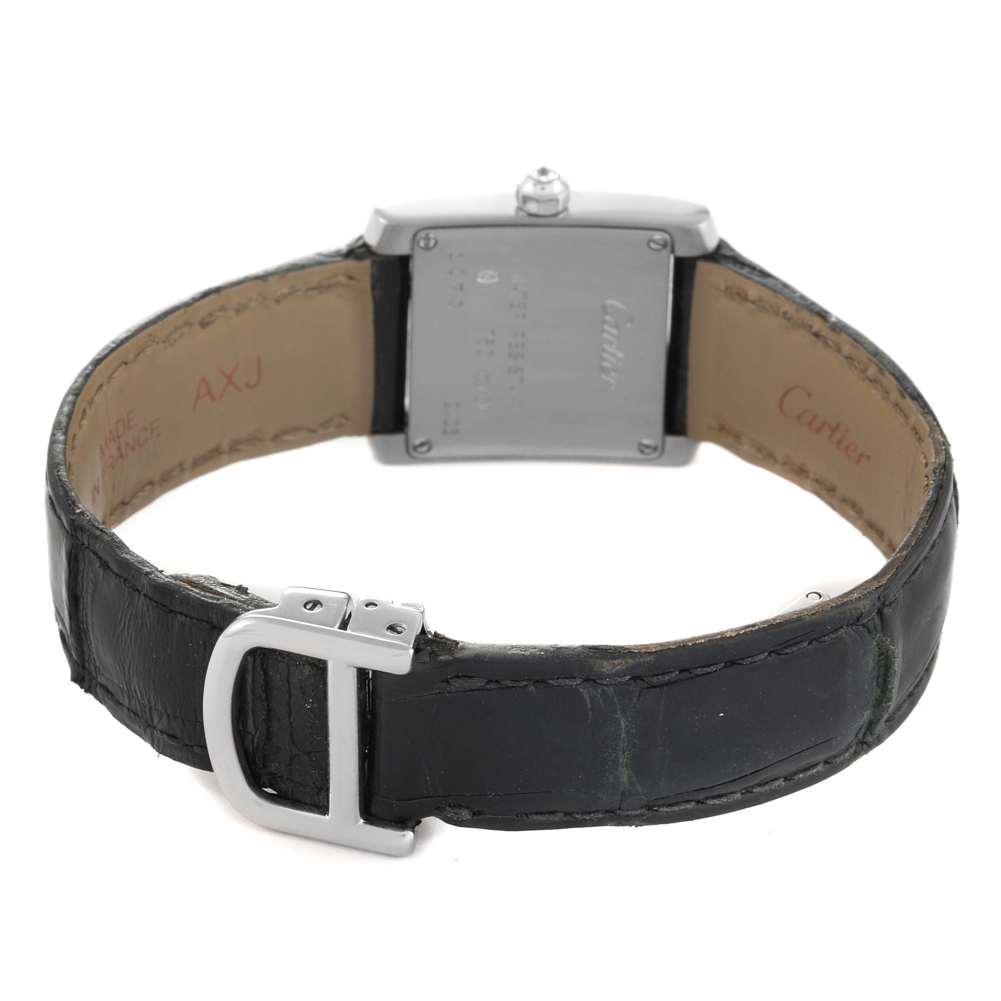 This image shows the back view of a Cartier Tank Francaise WE100251 Women
s White Gold Silver Dial WE100251 Women
s White Gold Silver Dial watch, highlighting the leather strap and stainless steel clasp.