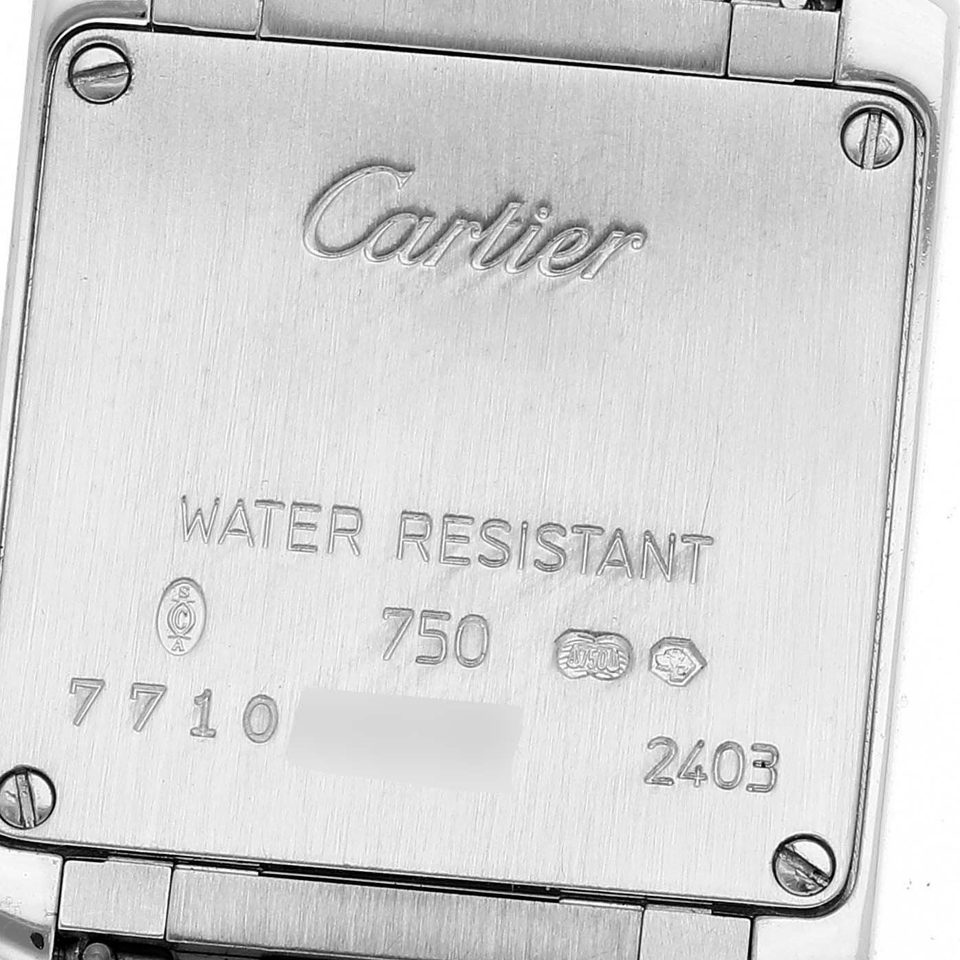 The image shows the back case of a Cartier Tank Française watch, displaying model details and water resistance information.