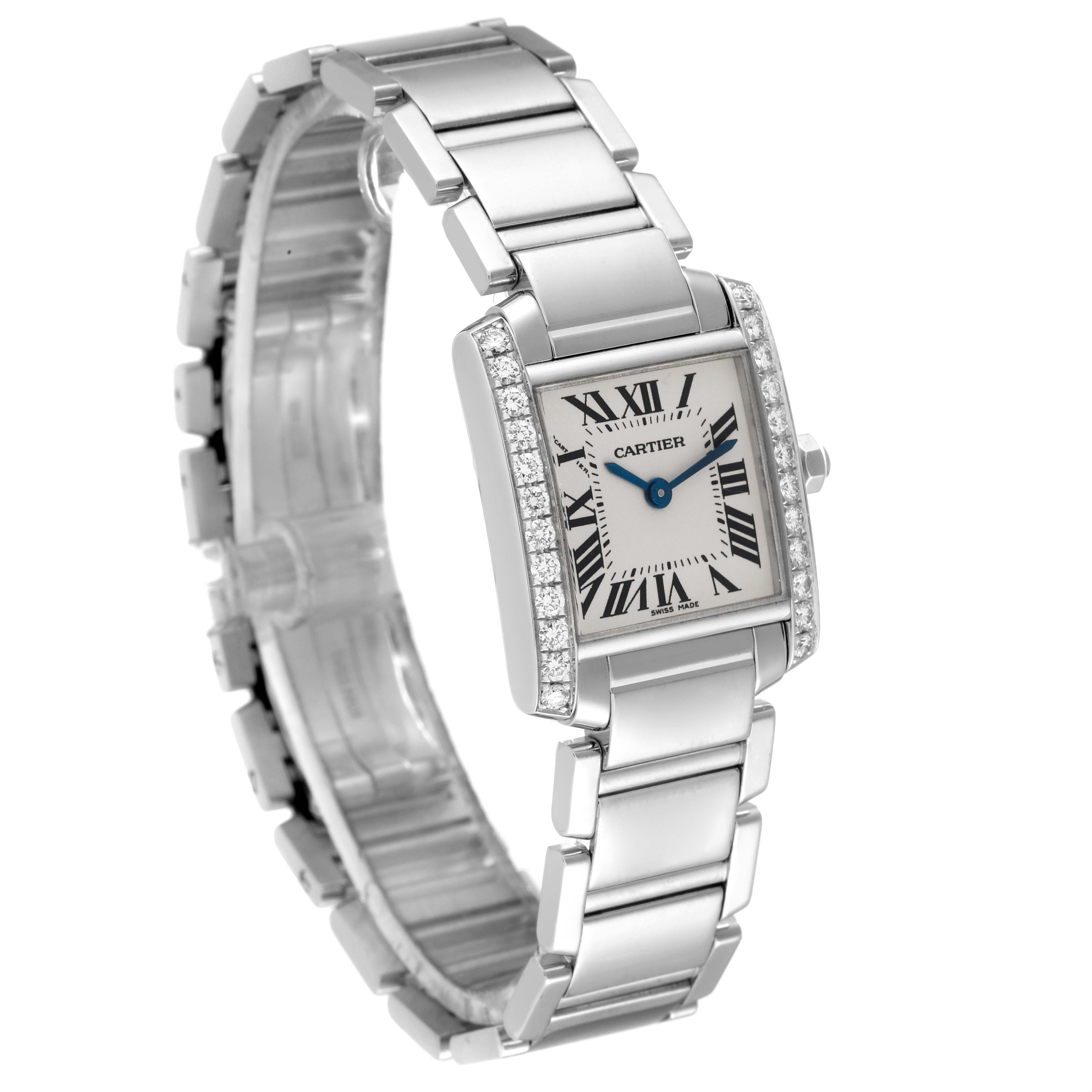 The Cartier Tank Francaise WE1002S3 Women's White Gold Silver Dial WE1002S3 Women's White Gold Silver Dial watch is shown at an angled view, showcasing its rectangular face, bracelet, and diamond-studded edges.