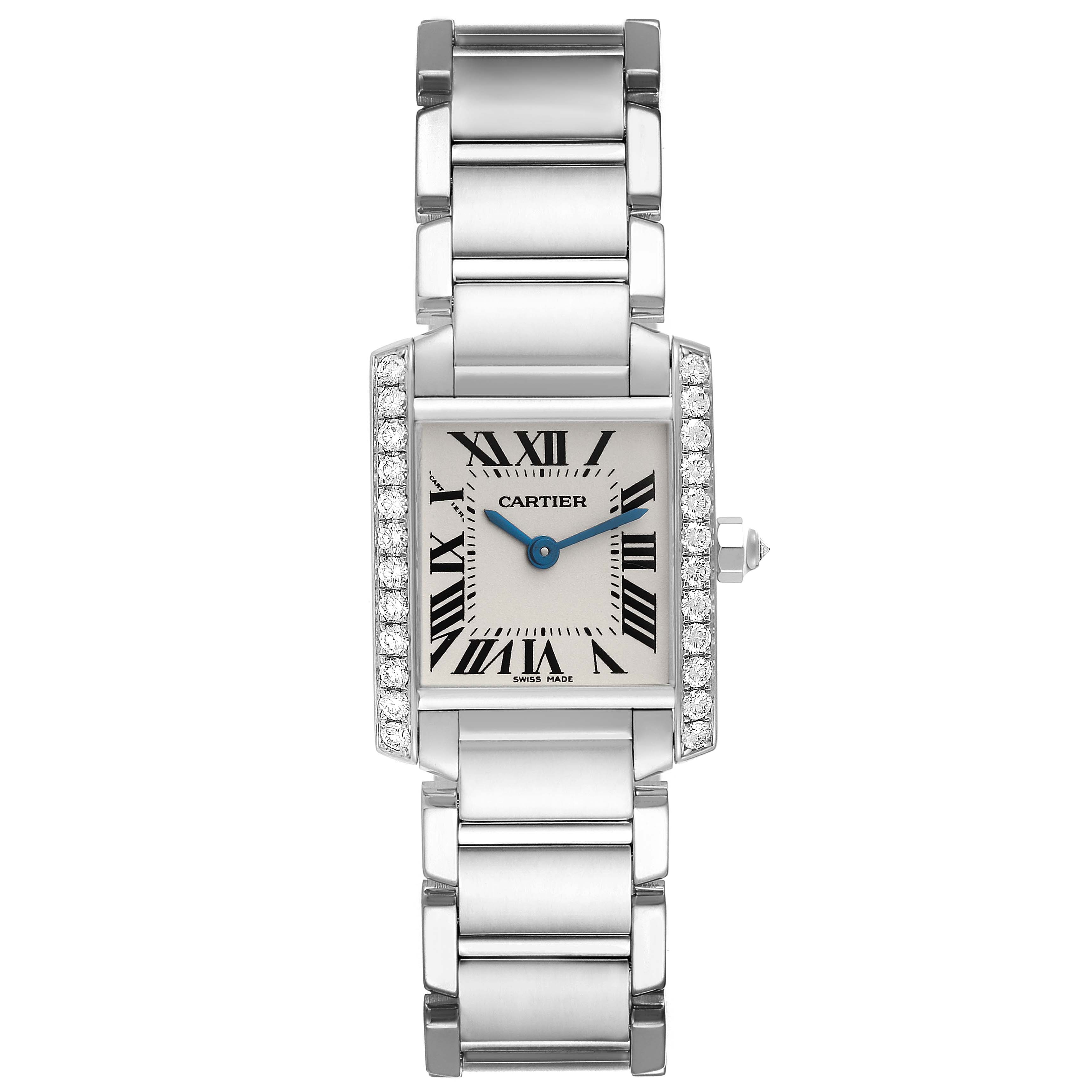 The Cartier Tank Francaise WE1002S3 Women's White Gold Silver Dial WE1002S3 Women's White Gold Silver Dial watch is shown from a top view, displaying the full watch face, bezel, bracelet, and crown.