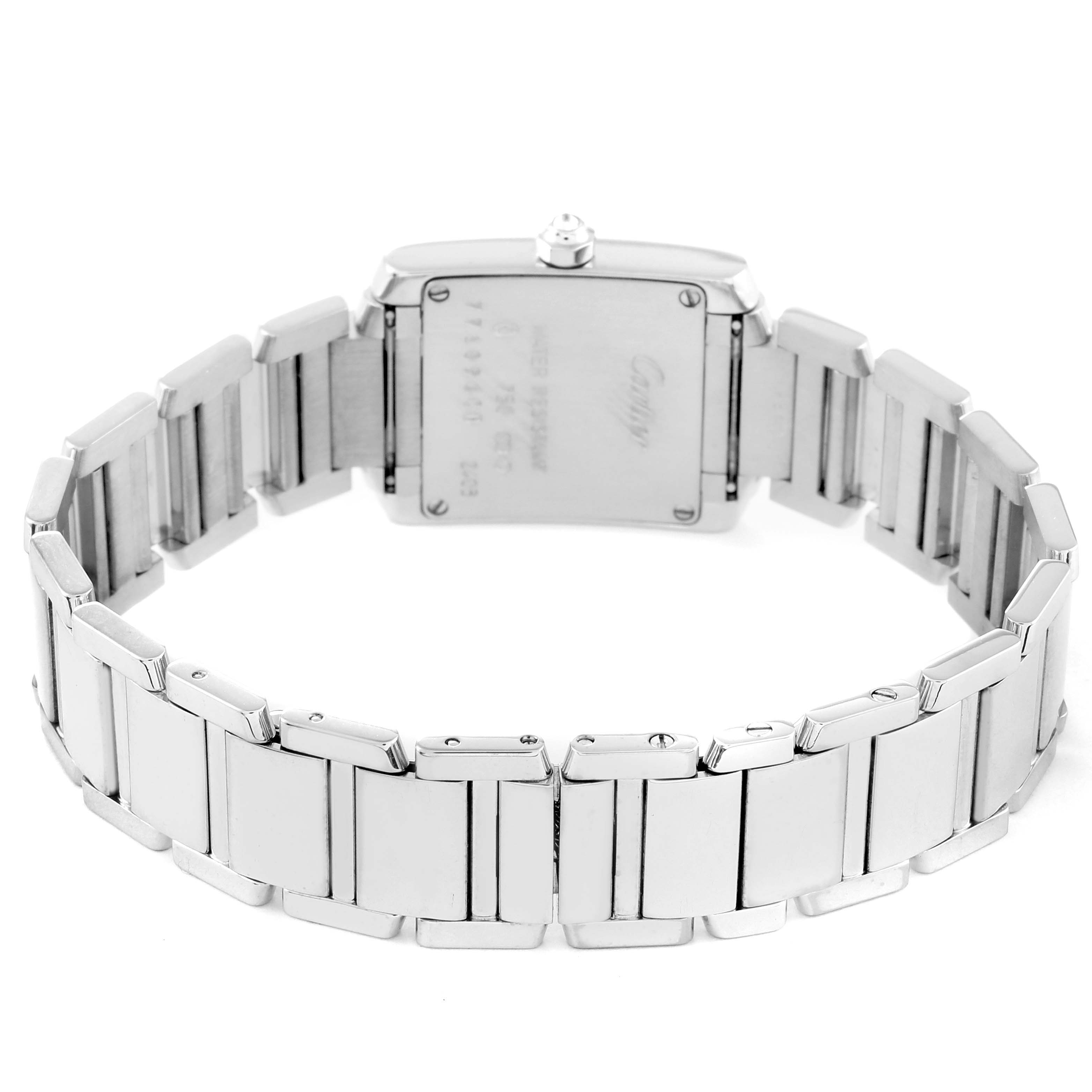 This image shows the back view of a Cartier Tank Francaise WE1002S3 Women's White Gold Silver Dial WE1002S3 Women's White Gold Silver Dial watch, highlighting its rectangular case and metal bracelet.