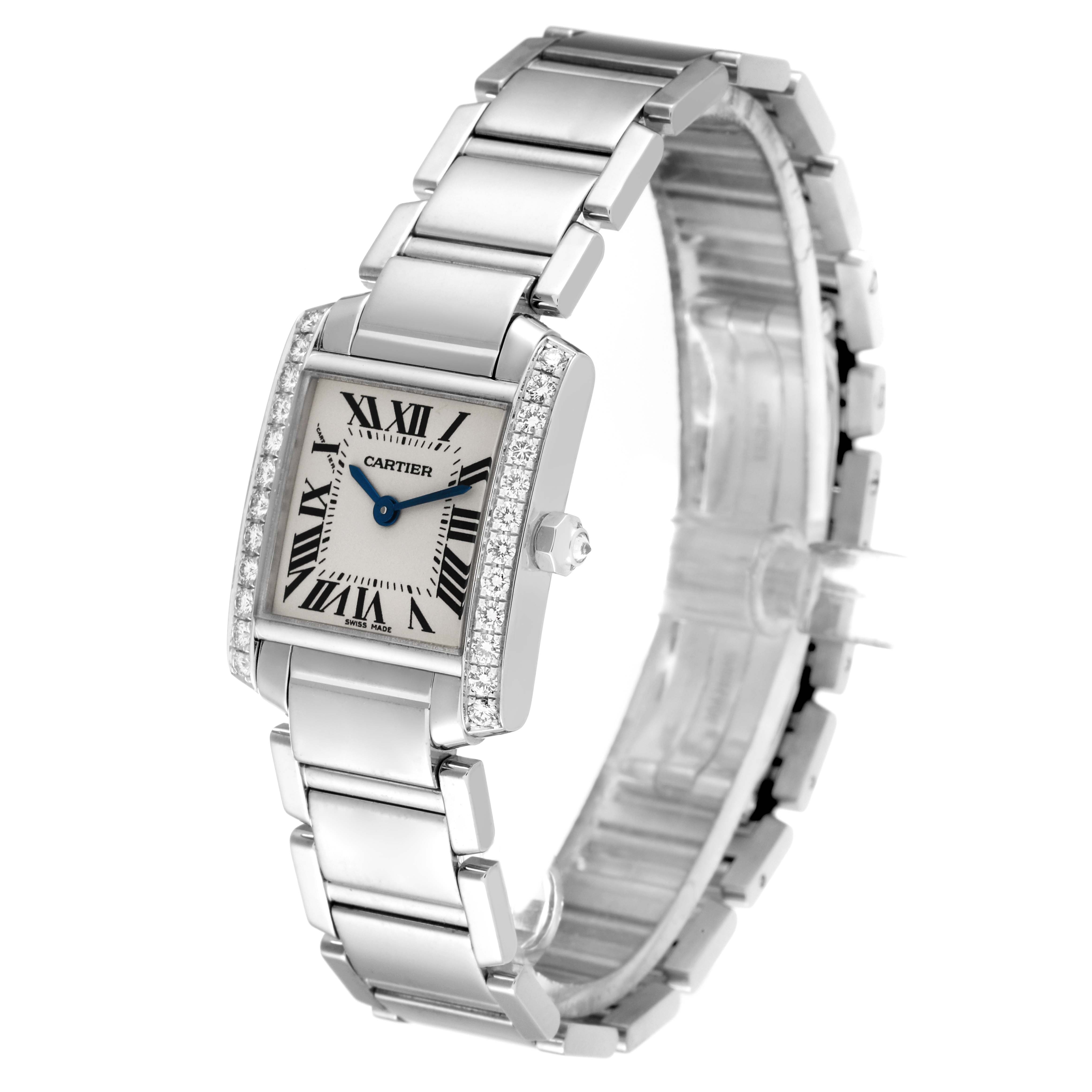 The image displays a Cartier Tank Francaise WE1002S3 Women's White Gold Silver Dial WE1002S3 Women's White Gold Silver Dial watch angled to show its face, band, and side profile.