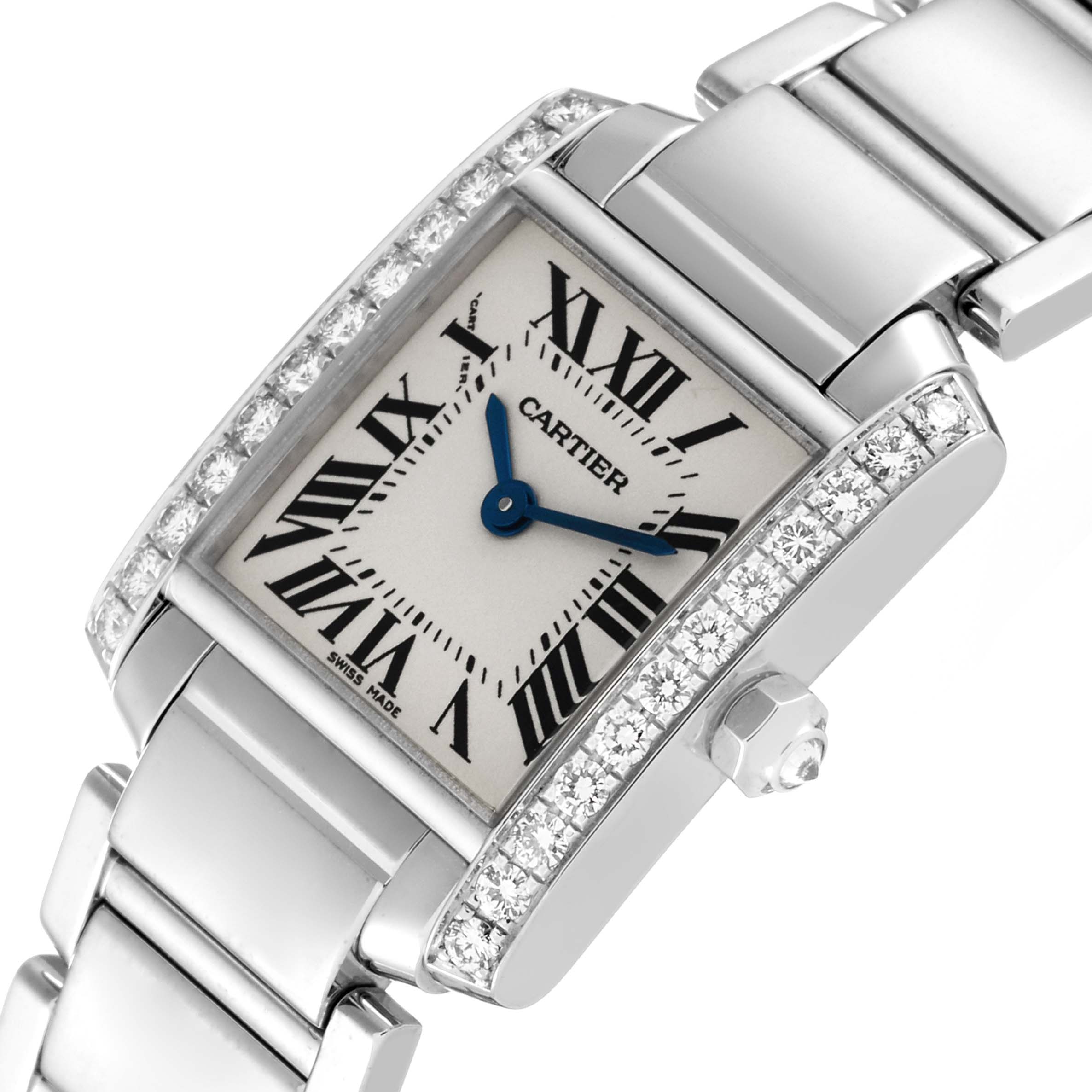 The image shows a close-up angle of the Cartier Tank Francaise WE1002S3 Women's White Gold Silver Dial WE1002S3 Women's White Gold Silver Dial watch, highlighting its diamond-studded bezel, face, and part of the bracelet.