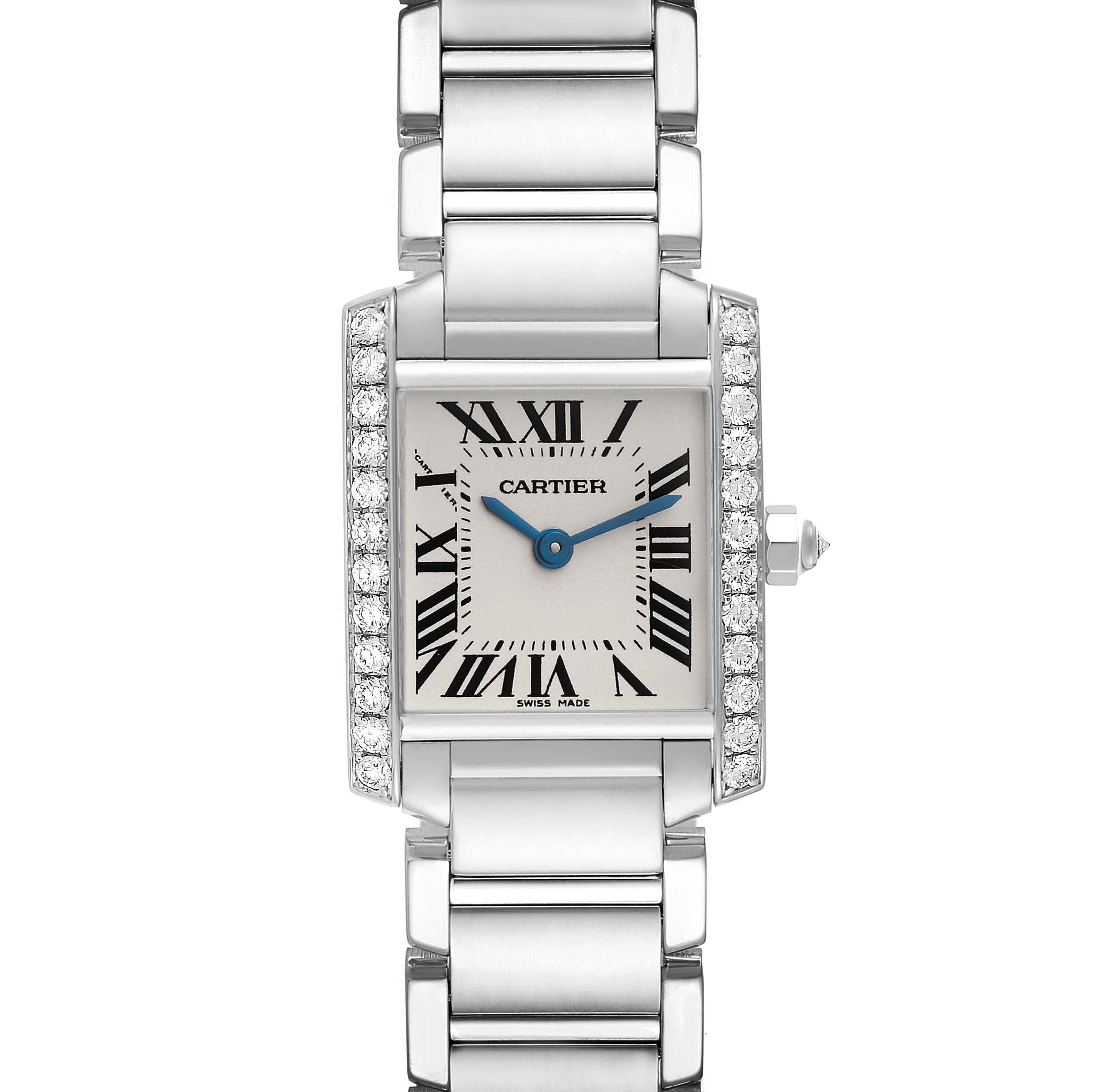 The image shows a front view of the Cartier Tank Francaise WE1002S3 Women's White Gold Silver Dial WE1002S3 Women's White Gold Silver Dial watch, displaying its face, bezel, and bracelet.