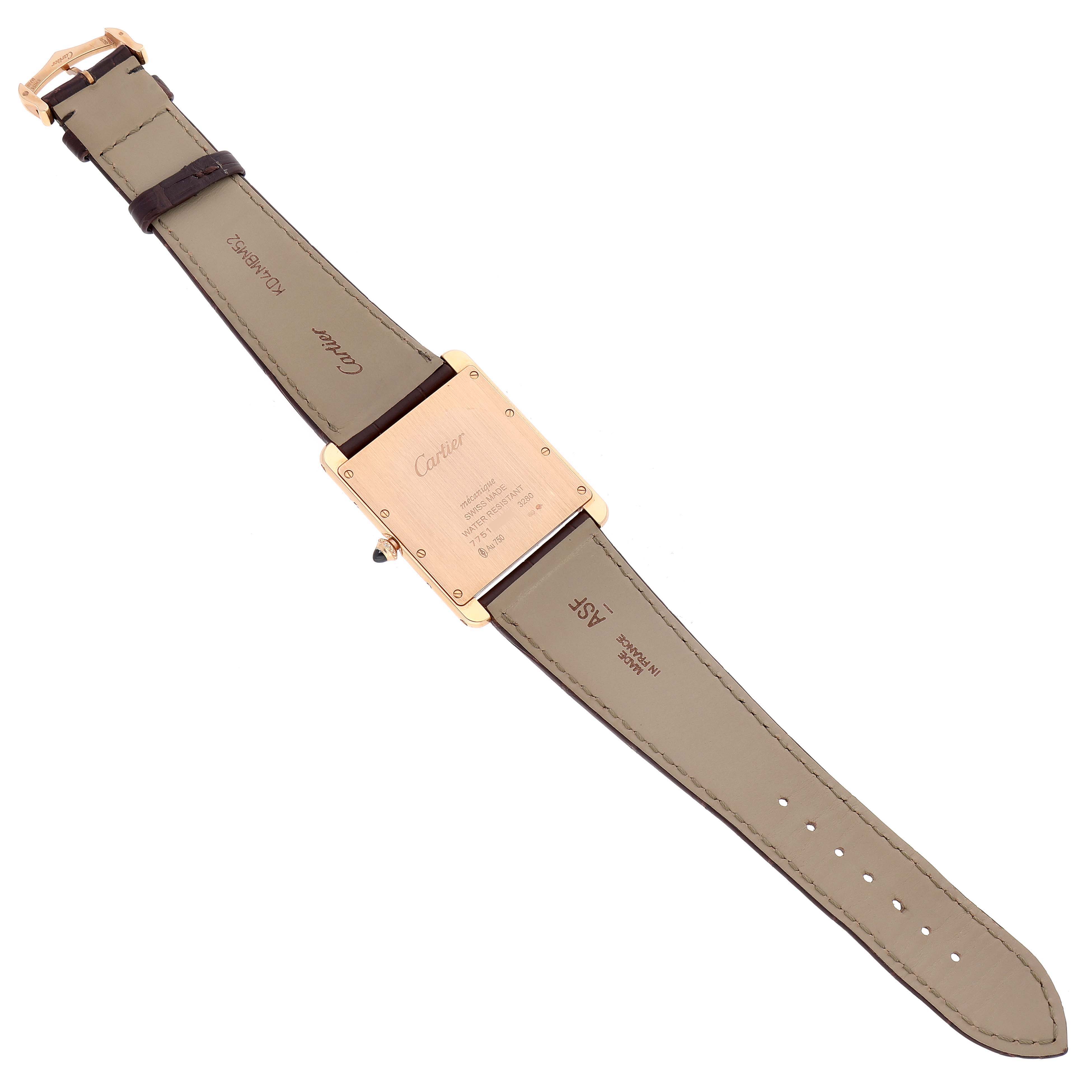 The image shows the back view of a Tank Louis model watch by Cartier, displaying the strap, buckle, and case back.