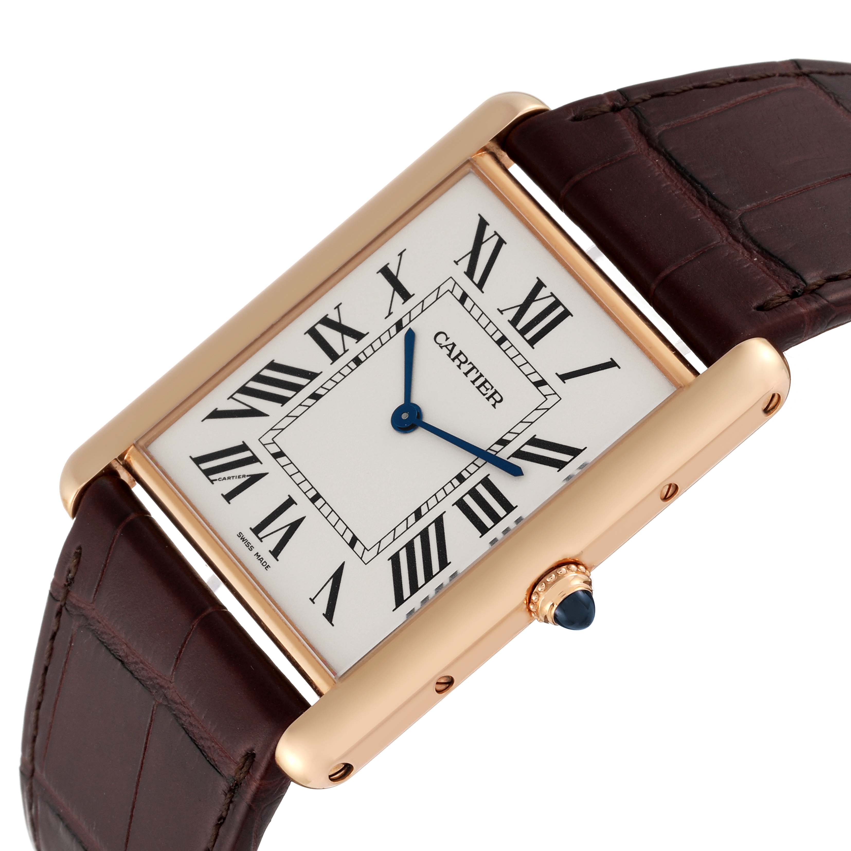This image shows the face and part of the strap of a Cartier Tank Louis W1560017 Men's Rose Gold Silver Dial W1560017 Men's Rose Gold Silver Dial watch at an angle, highlighting the Roman numerals and hands.